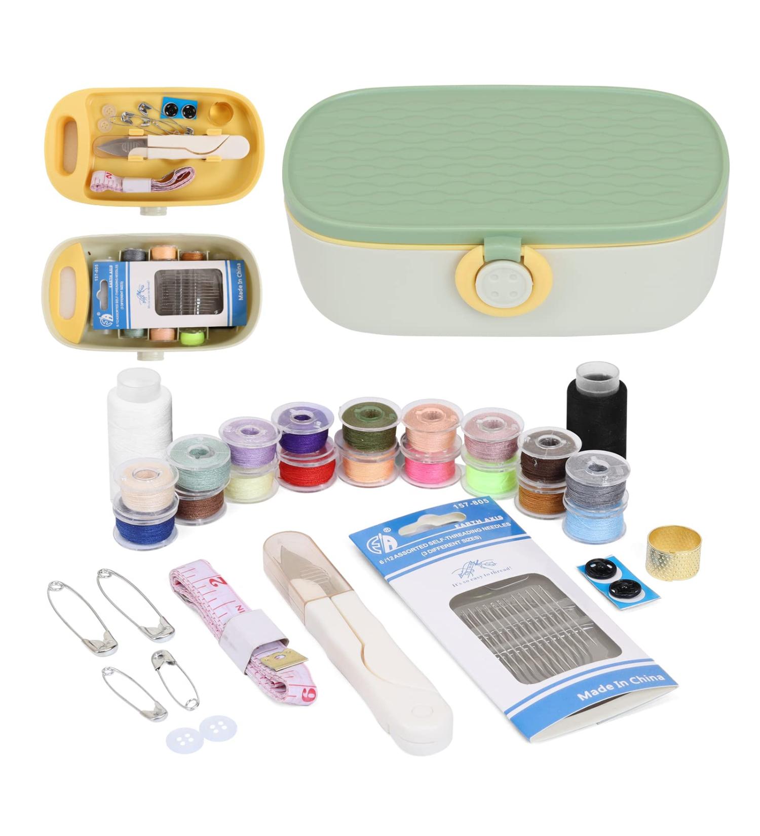 Portable Family Sewing Kit - Premium Traveler Repair Supplies Organizer Set in Green Plastic Box - DIY Sewing Accessories - Buy Online on GoSupps.com