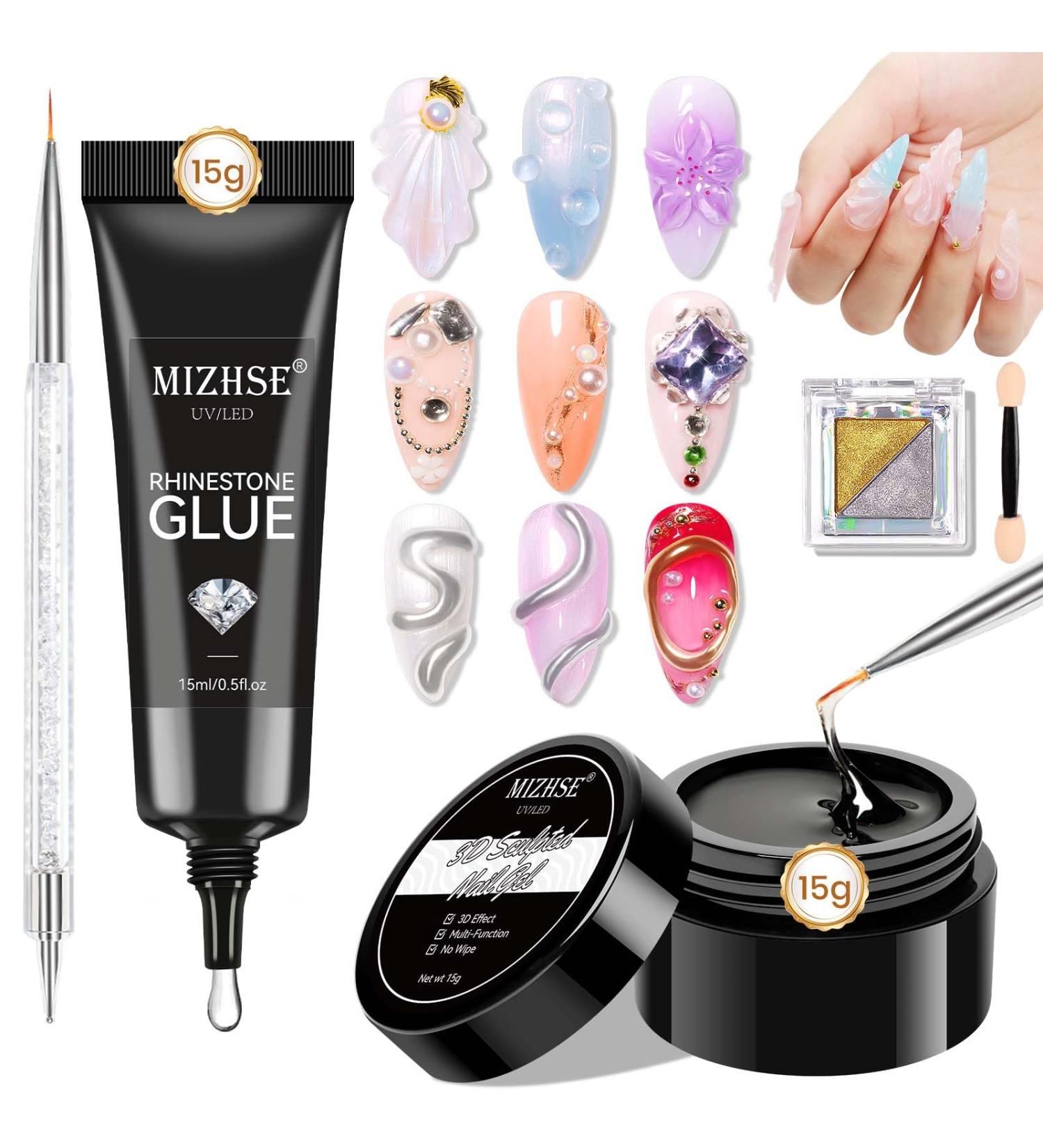  MIZHSE MIZHSE 3D Sculpting Gel with Chrome Powder 2 x 15g Rhinstone Clear Glue for Nail Design Silver/Gold Mirror Effect 5D Relief Sculpting - Buy Online on GoSupps.com