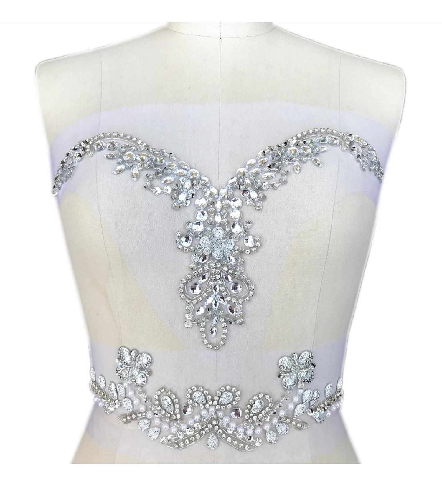Handmade Silver V-Neck Sequin Rhinestone Crystal Trim Bridal Applique - DIY Wedding Dress Sewing Patch - Buy Online on GoSupps.com