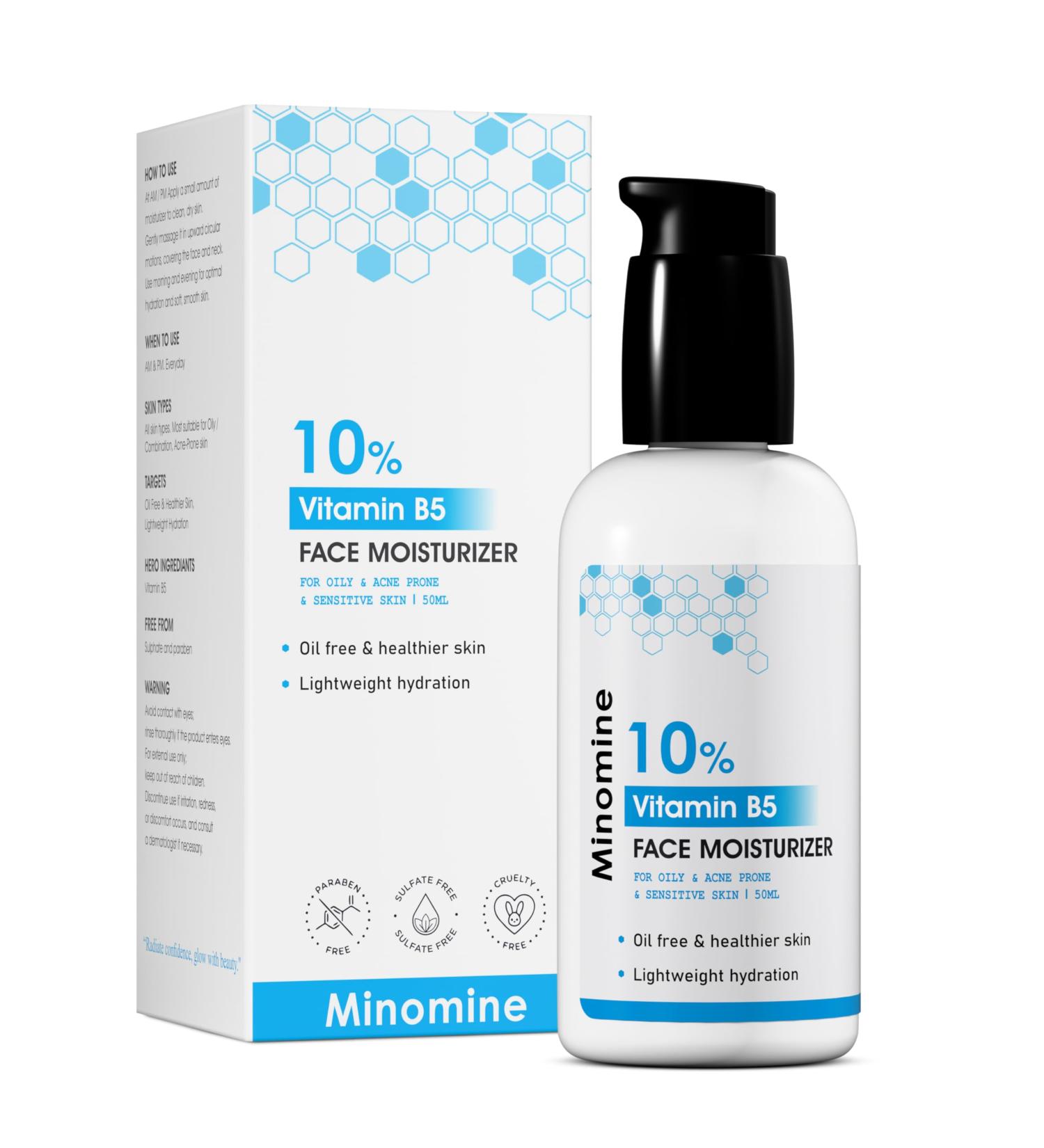 Minomine 10% Vitamin B5 Gel Face Moisturizer with Hyaluronic acid | Oil Free & Healthier Skin Lightweight Hydration | For Women & Men Oily & Acne Prone Skin Types 50gm - Buy Online on GoSupps.com