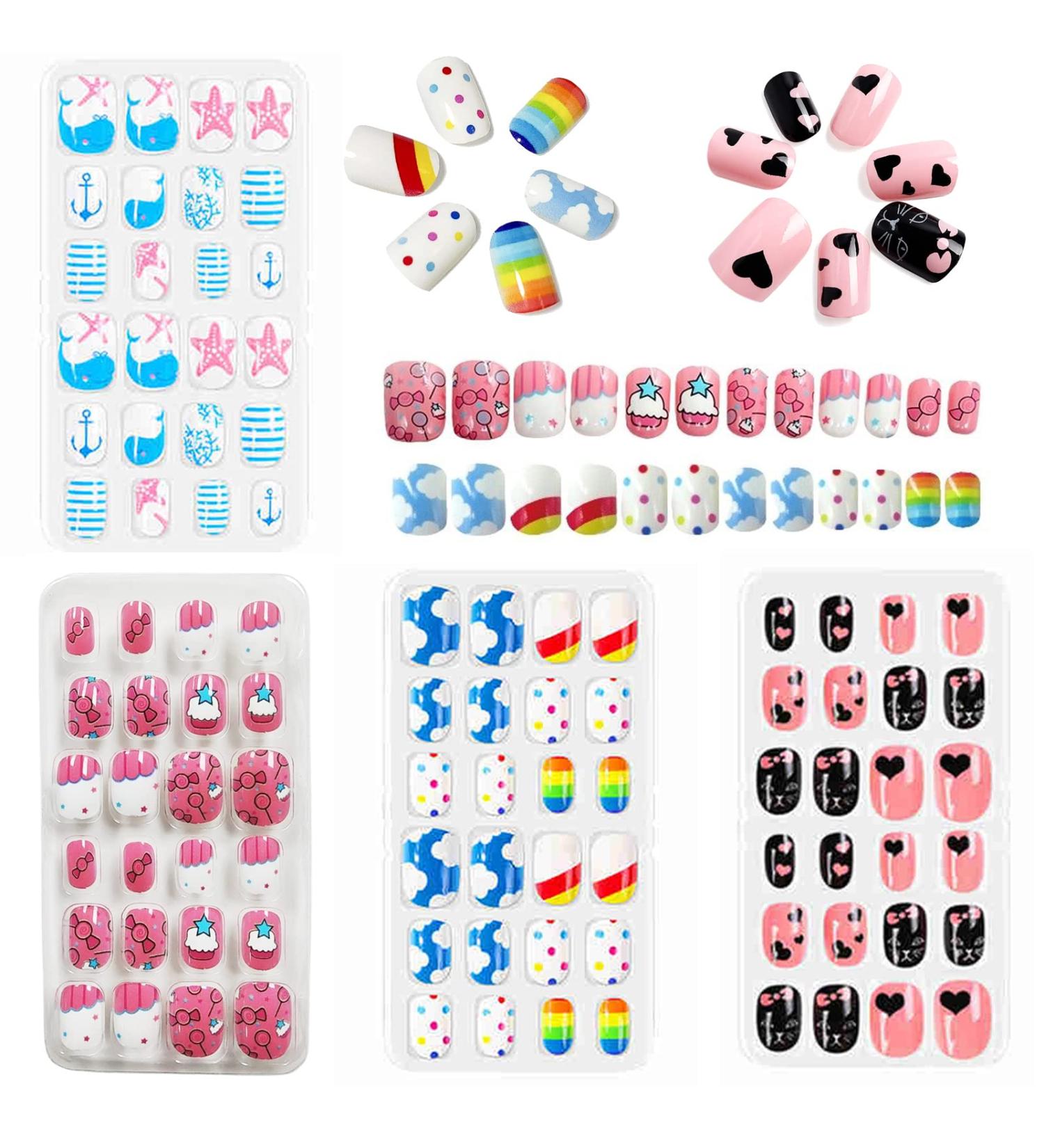 96 Pieces Kids Fake Nails with Nail Glue Pre-glue Full Cover Short False Nails Lovely Ready to Wear Press-On Gel Nails for Children girl (A) - Buy Online on GoSupps.com