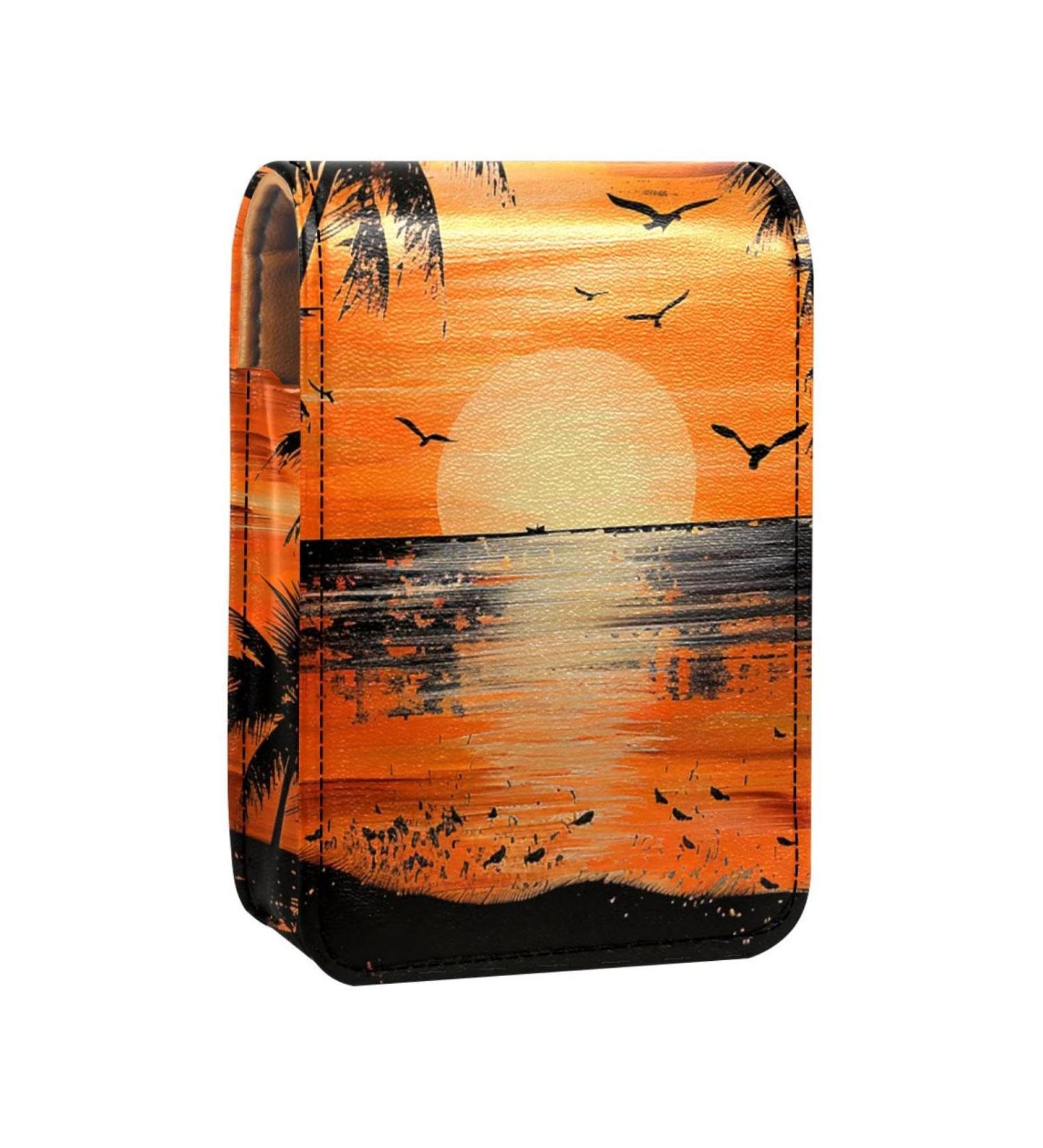 Leather Lipstick Case Organizer with Mirror - Mini Lip Gloss Holder Bag | Tropical Sea Beach Sunset Design - Buy Online on GoSupps.com