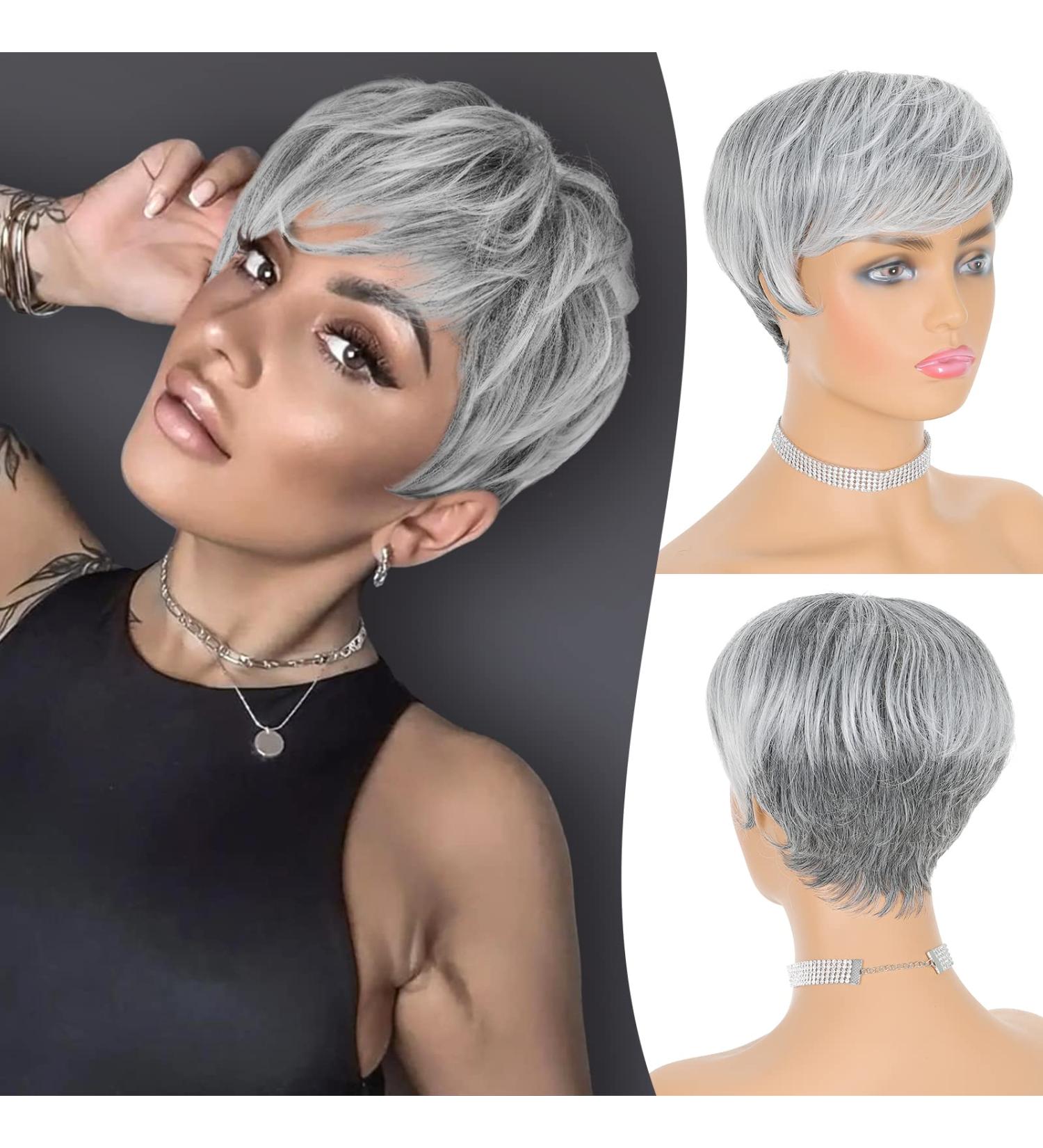 FESHFEN Synthetic Ombre Gray Pixie Cut Wig with Bangs - Layered and Wavy Grey to Black Hair for Women - Buy Online on GoSupps.com