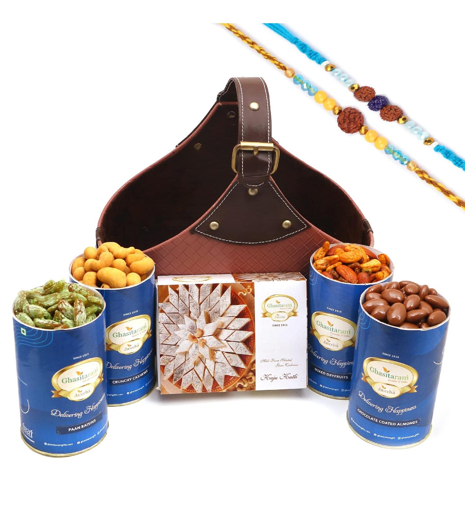 Ghasitaram Gifts Rakhi Gifts for Brothers Leather Buckle Basket Big of 4 Cans and Kaju Katli with 2 Blue Rudraksh Rakhis Basket Big of 4 Cans and Kaju Katli with 2 Rakhis - Buy Online on GoSupps.com