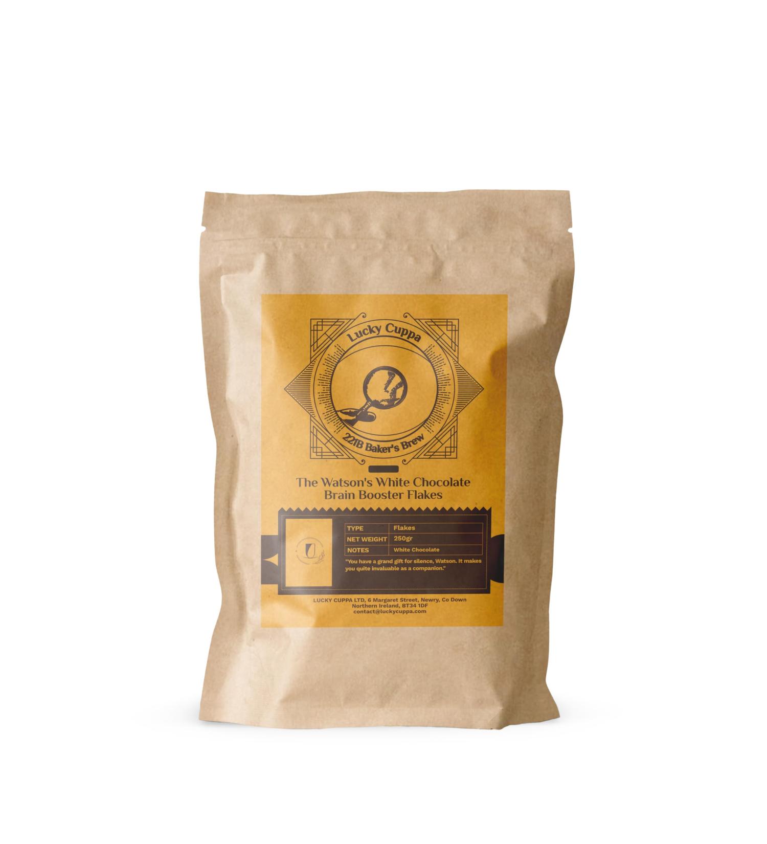 Lucky Cuppa's "221b Bakers Brew" Watson's White Brain Booster Chocolate Flakes - Instant Hot Chocolate - White Hot Chocolate Flakes - Sherlock Holmes Gifts for Hot Chocolate Flakes Lovers - 250g - Buy Online on GoSupps.com