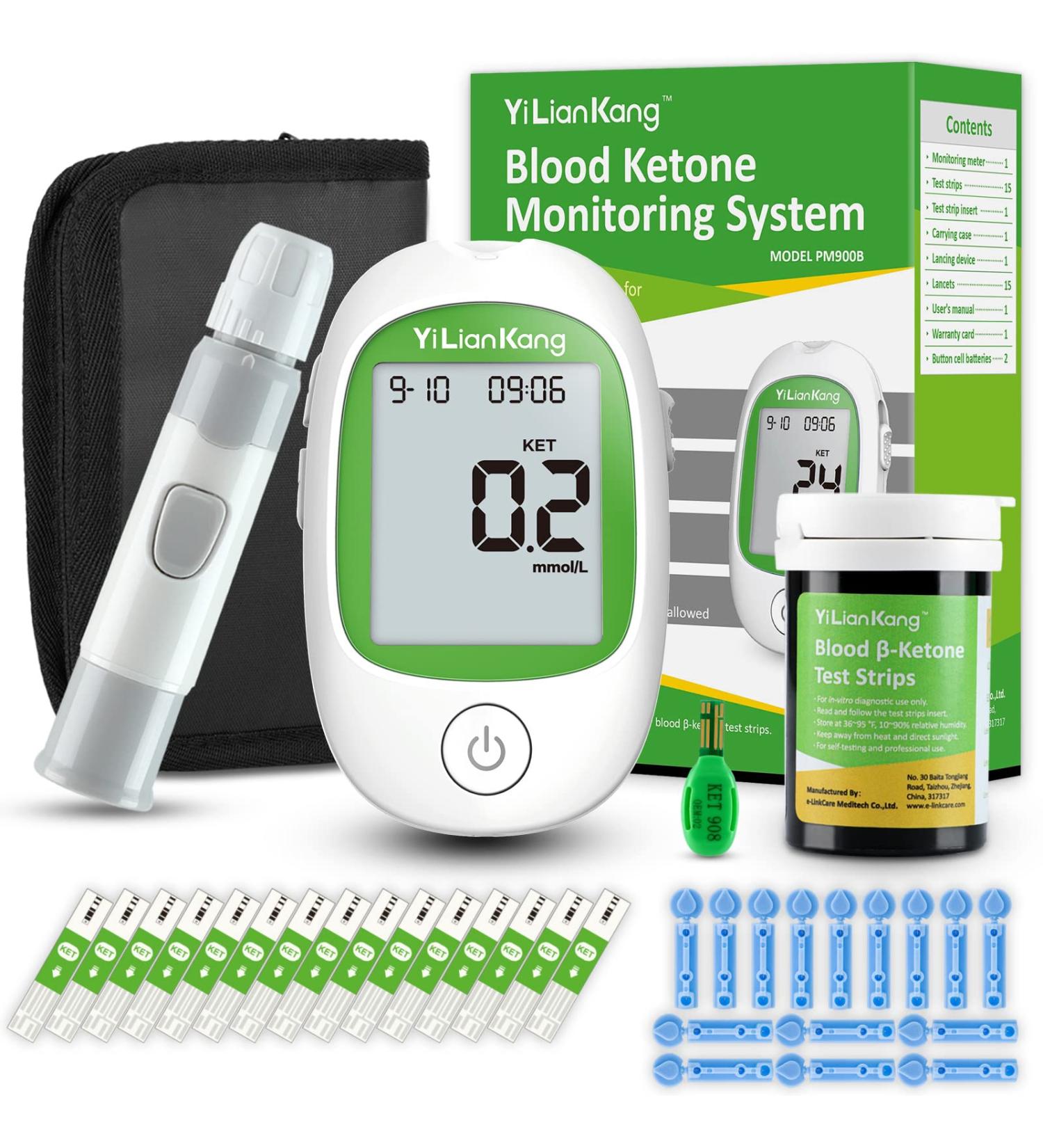 YiLianKang Blood Ketone Testing Kit: Meter, 15 Strips, Lancets, Lancing Device - Ketosis Check on Keto Diet - Fast Results Test Kit - Buy Online on GoSupps.com