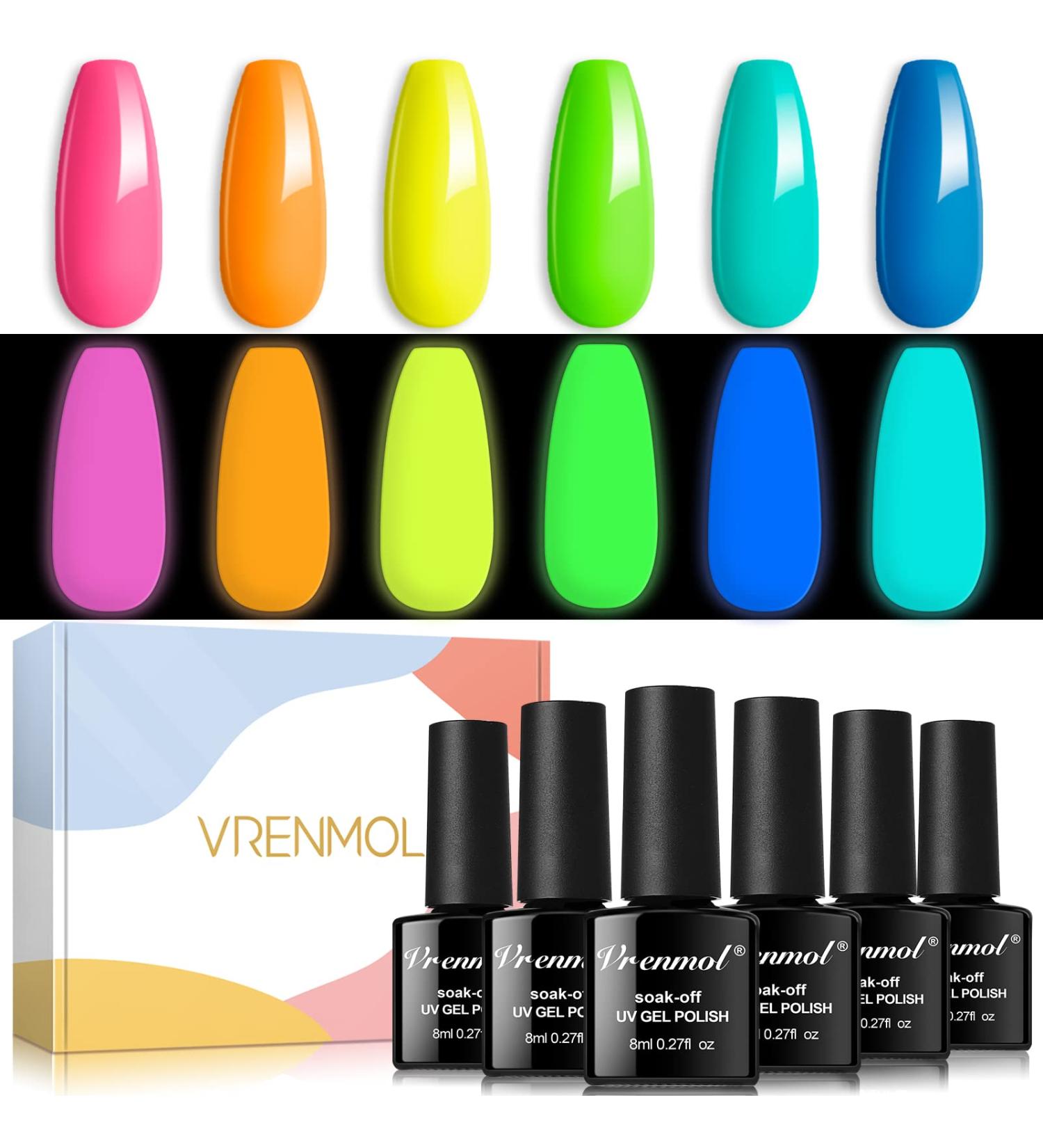 Vrenmol Glow in The Dark Gel Nail Polish Set - 6 Luminous Neon Colors for DIY Nail Art - UV Fluorescent Bright Glow Effect - Soak Off Gel Polish Kit - Buy Online on GoSupps.com