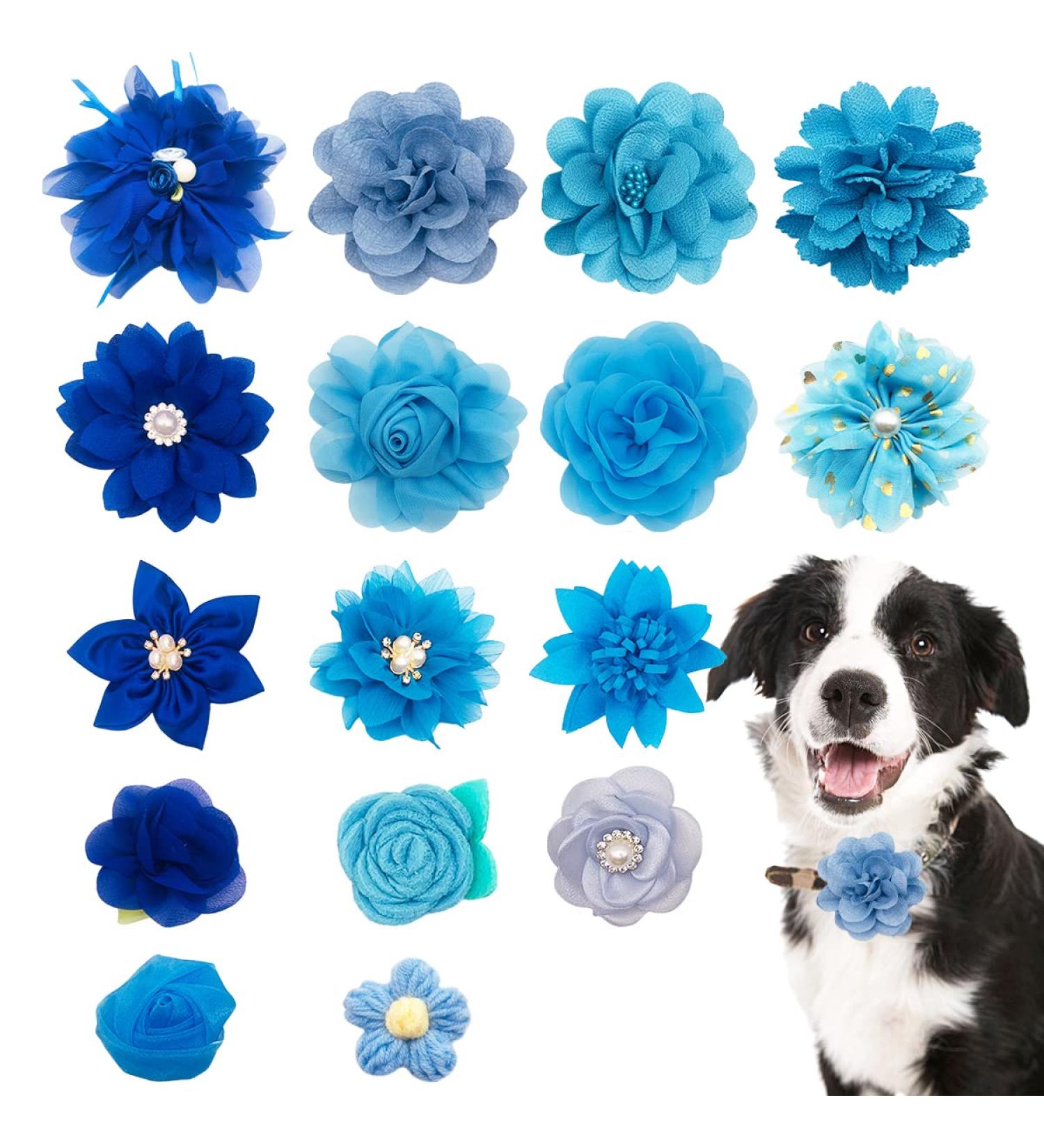 BIPY 16PCS Dog Collar Flowers and Bows Fake Pearls Rhinestone Collar Charms Slides for Dogs Cats Puppy Small Medium Dog Spring Summer Wedding Birthday Party Grooming Accessories Blue - Buy Online on GoSupps.com