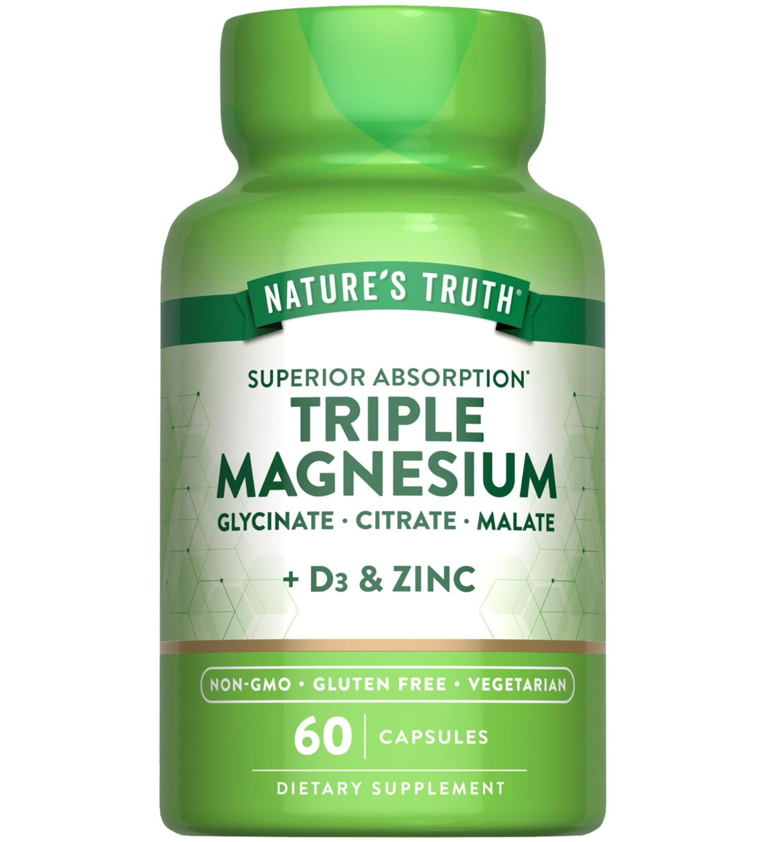 Nature's Truth Triple Magnesium Complex Supplement | 60 Capsules | Glycinate Citrate & Malate | with D3 & Zinc | Vegetarian Non-GMO & Gluten Free - Buy Online on GoSupps.com