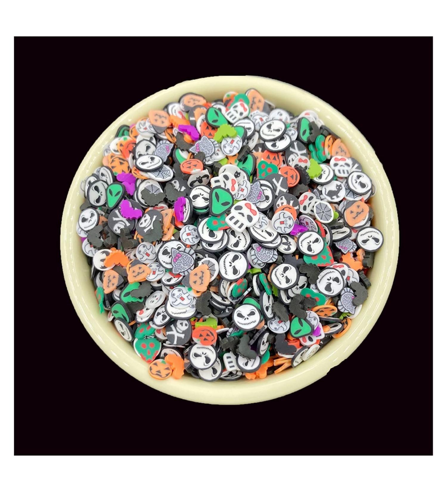 NIANTU1124 50g 6mm Hot Clay Ghost Slice Polymer Clay Sprinkles for Crafts Making Halloween Skull Decoration DIY Nail Art Slimes Filling Gift (Color : Multi-Colored)