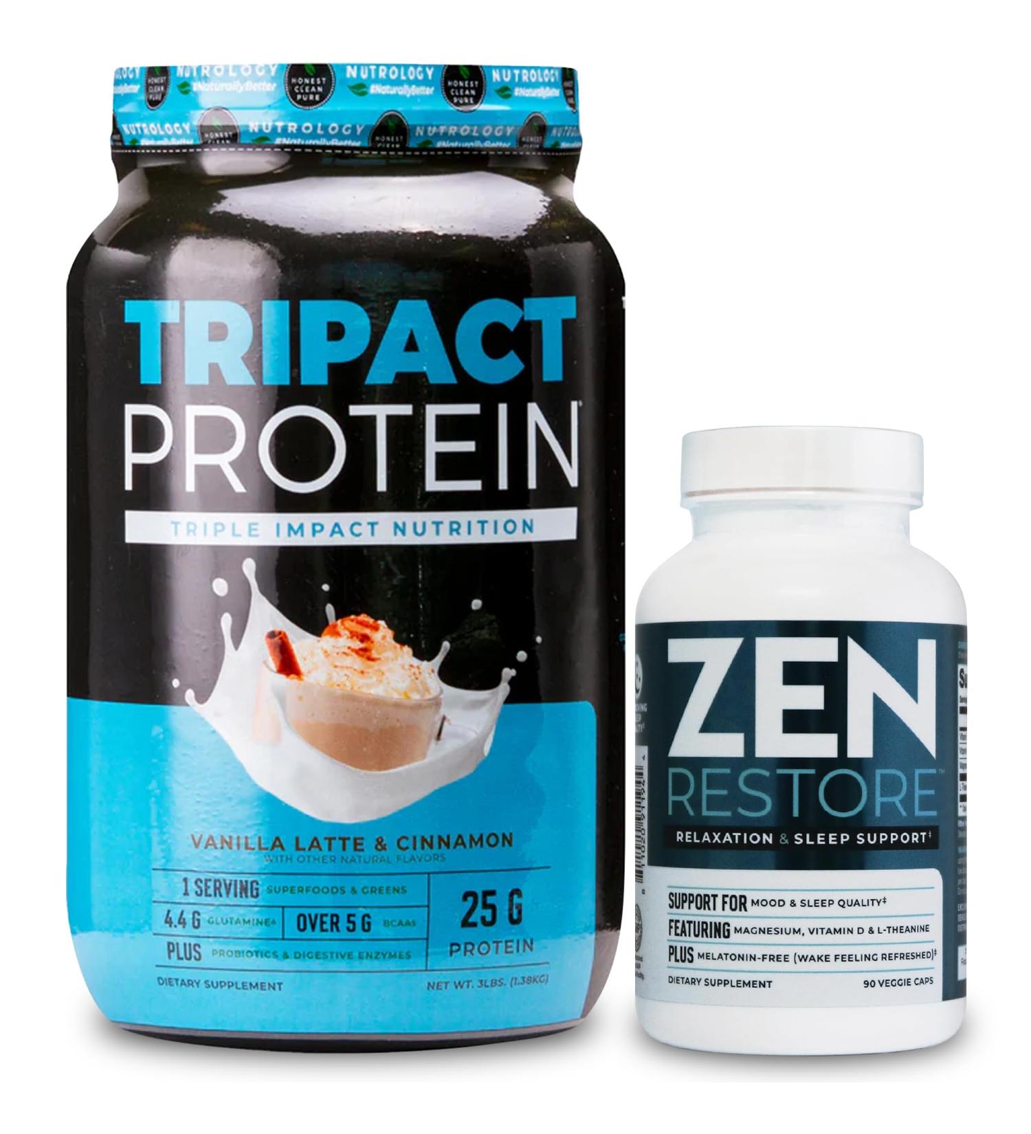 Nutrology TRIPACT Protein Powder 7-in-1 Meal Replacement Shake Vanilla Latte Cinnamon Flavor (40 Servings) Zen Natural Magnesium Supplement (30 Servings) - Buy Online on GoSupps.com