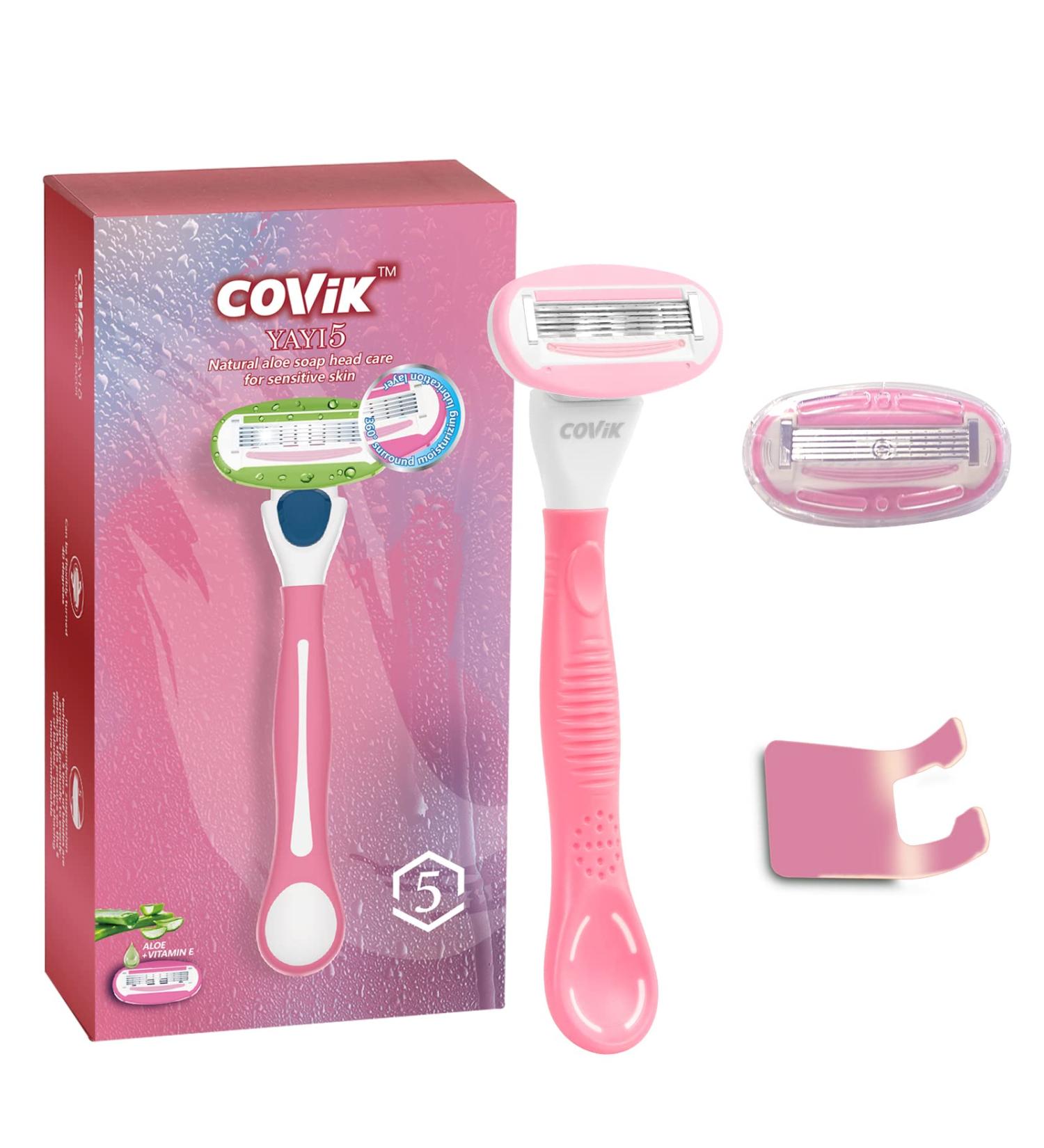 COVIK 5-Blade Women's Razor Set for Sensitive Skin - Includes Razor Handle, 2 Blade Refills, and Hanger - Pink - Buy Online on GoSupps.com