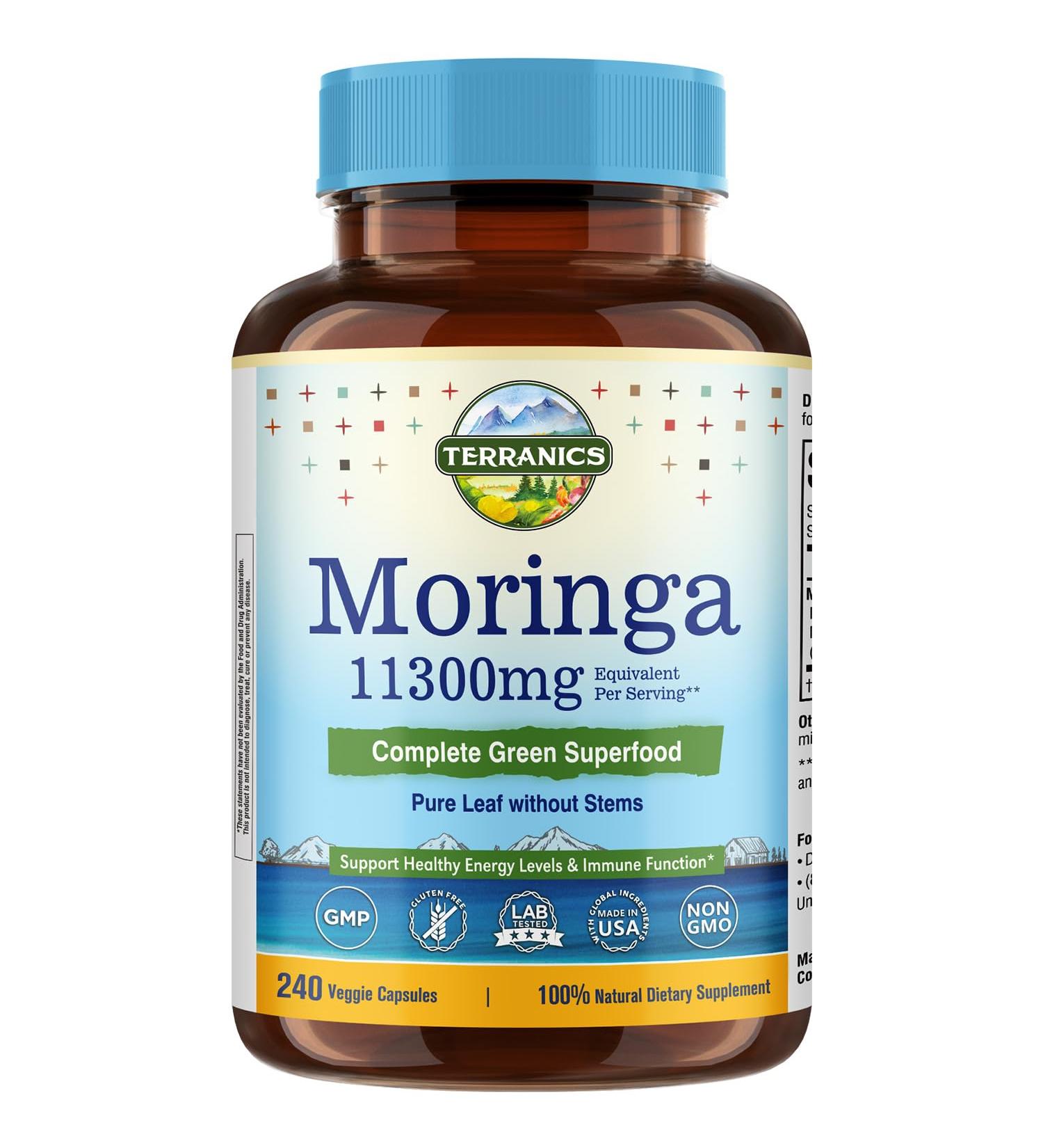 Terranics Moringa Capsules, Pure Moringa Oleifera Leaf Powder 11300mg Strength, Energy, Skin, Immune Health, Non GMO, No Gluten, Natural Green Superfood Supplement, 240 Vegan Caps 240 Count (Pack of 1) - Buy Online on GoSupps.com