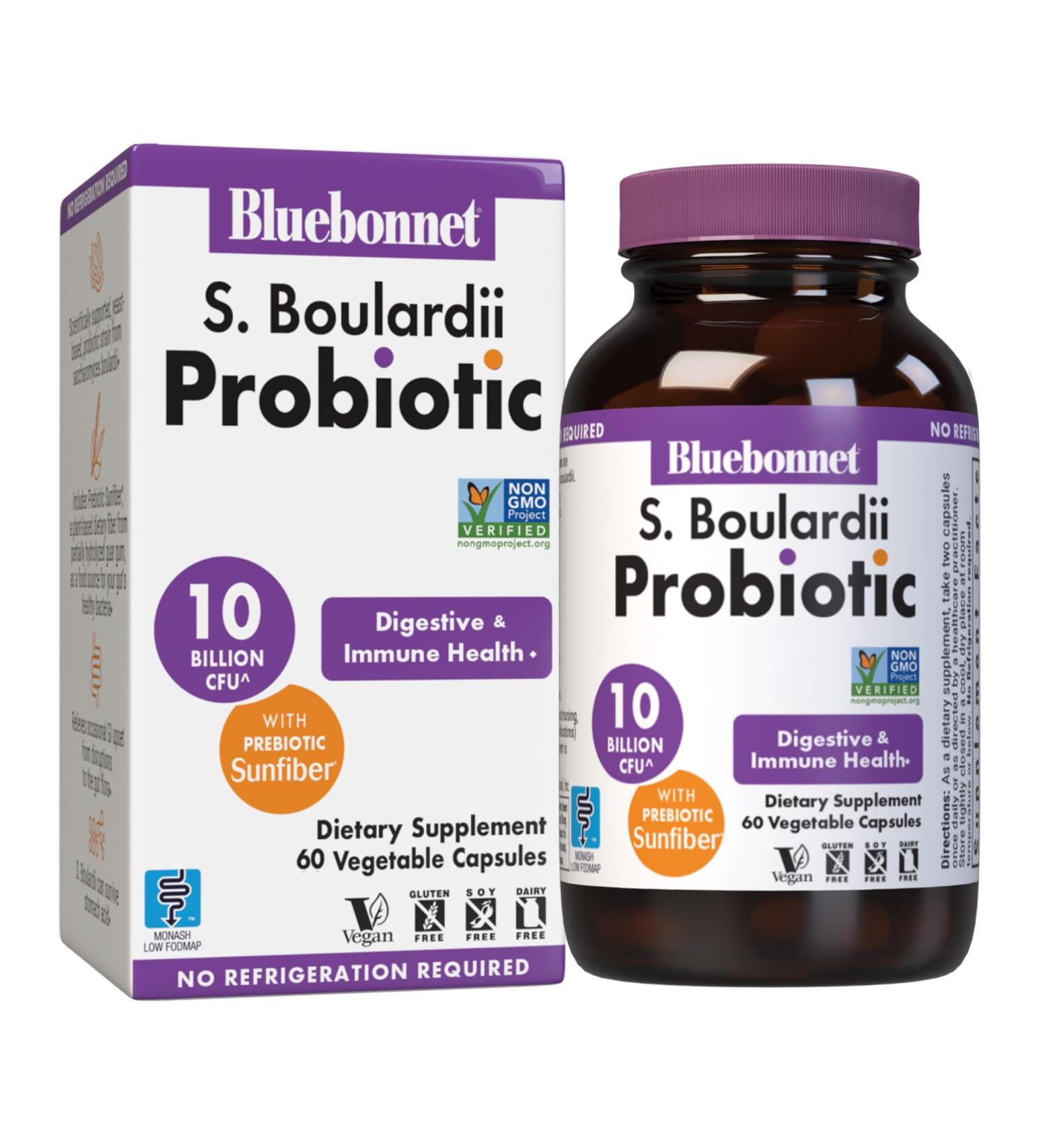 BlueBonnet Nutrition S. Boulardii Probiotic 10 Billion CFU w/Prebiotic Sunfiber Shelf Stable - for Women & Men Digestion, Gut, Mood* - Non-GMO, Vegan, Free of Gluten, Dairy & Soy - 30 Servings - Buy Online on GoSupps.com