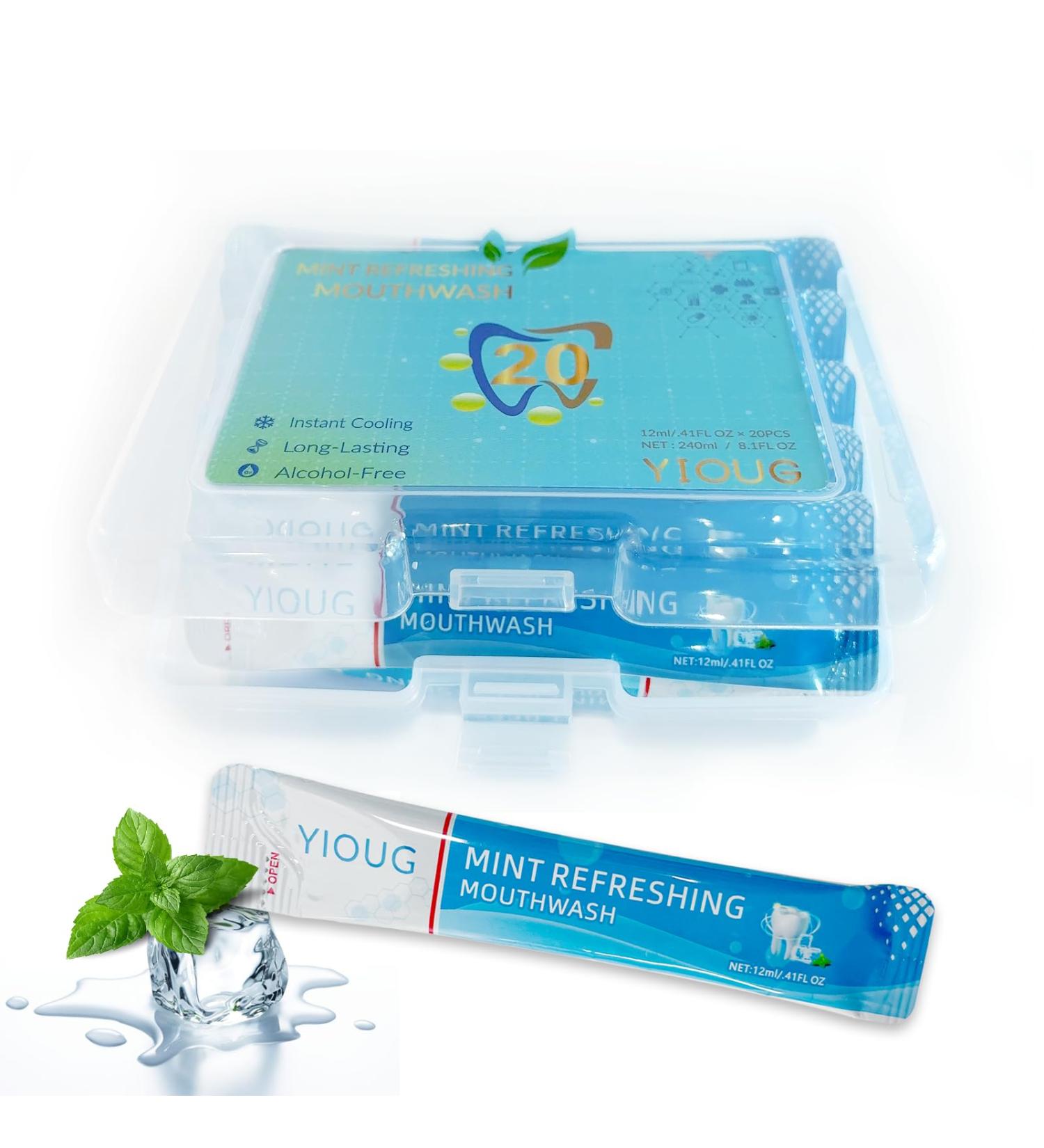 YIOUG Portable Travel Mouthwash Packets 20 Count Mint Oral Rinse Strips in Reusable Box Alcohol-Free Single-Use Mouth Freshener for On-The-Go Office Airplane & Road Trips - Buy Online on GoSupps.com