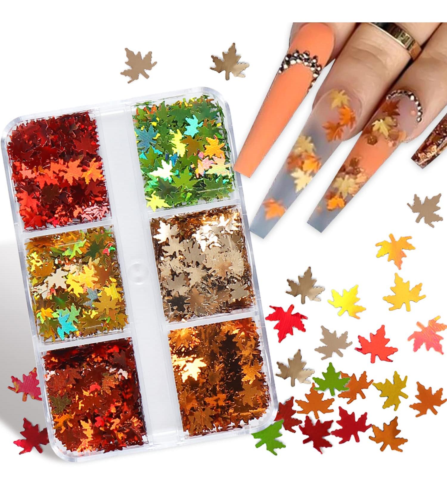 6 Grids 3D Maple Leaf Glitter Nail Sequins - Autumn Nail Art Stickers & Decals | Holographic Leaf Charms for Acrylic Nails | Fall Glitter Designs in Gold Yellow & Red - Buy Online on GoSupps.com