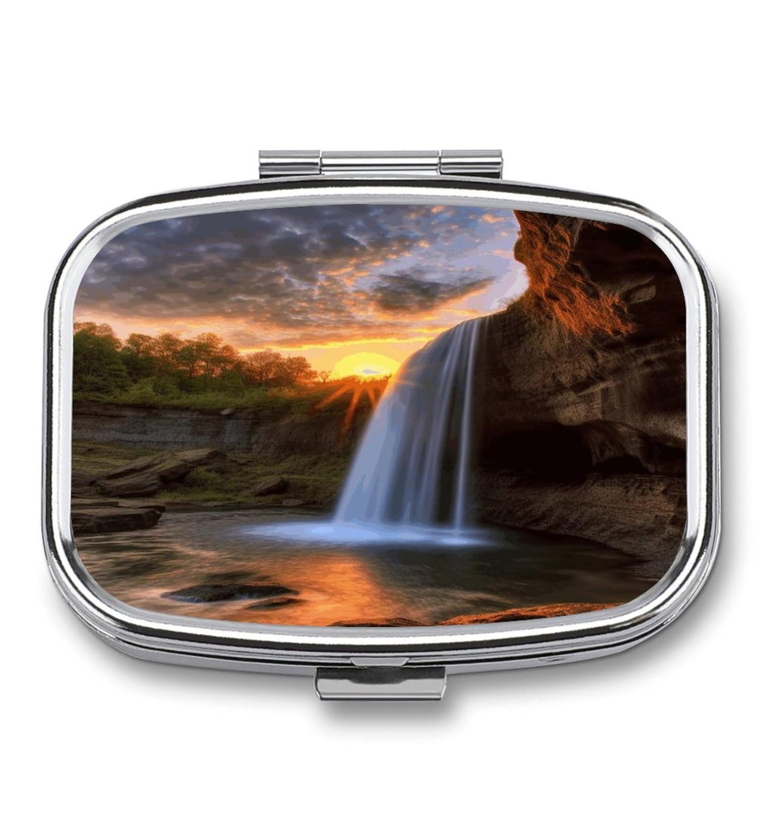 Waterfall at Sunset Pill Box | 2 Compartment Medicine Organizer | Decorative Portable Metal Pill Case for Pocket & Purse - International Shipping Available - Buy Online on GoSupps.com
