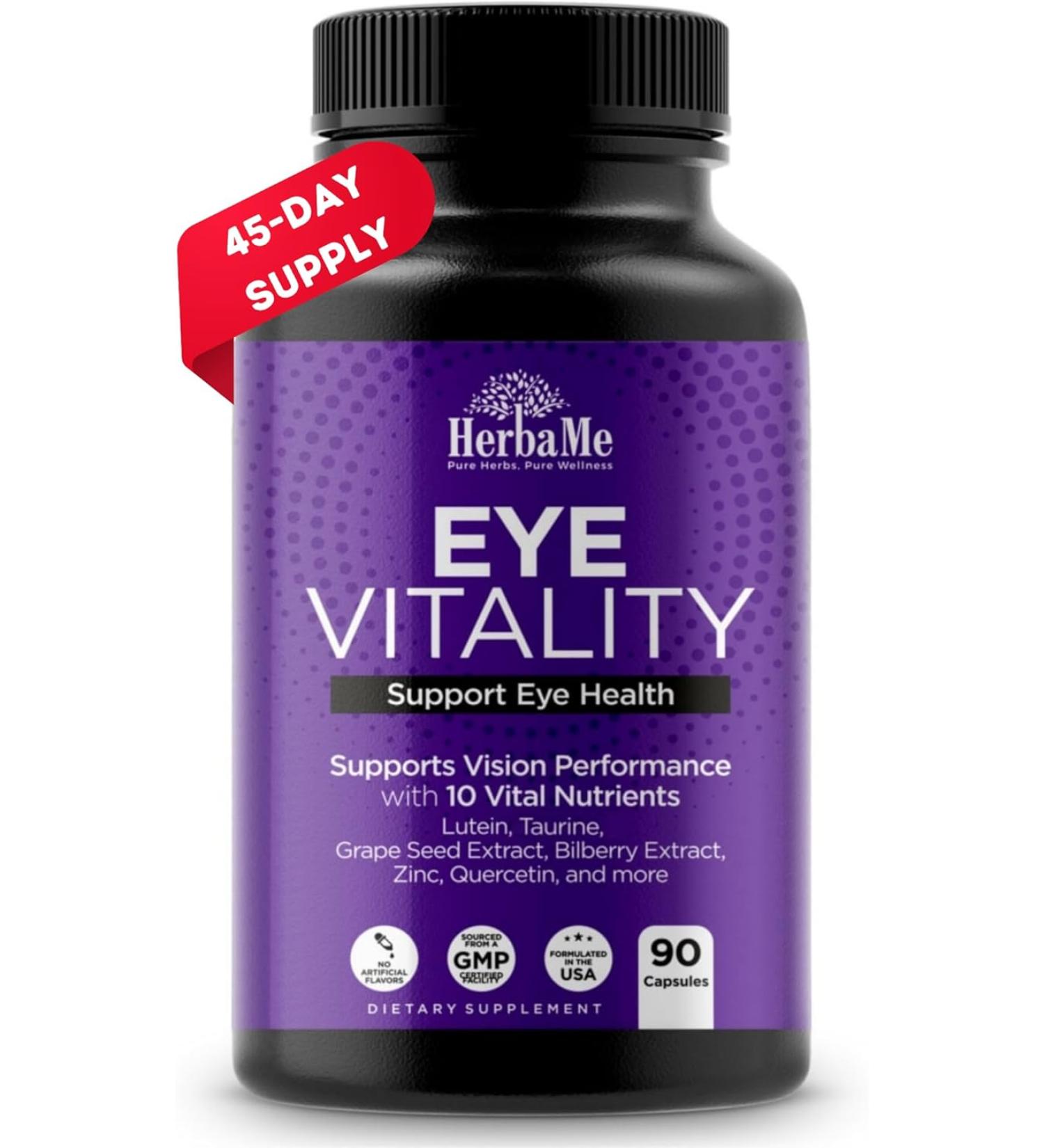 HerbaMe Eye Vitality - Eye Vitamins Supplement | Supports Vision & Macular Health | With Lutein, Bilberry, Zinc & More | 90 Capsules - Buy Online on GoSupps.com