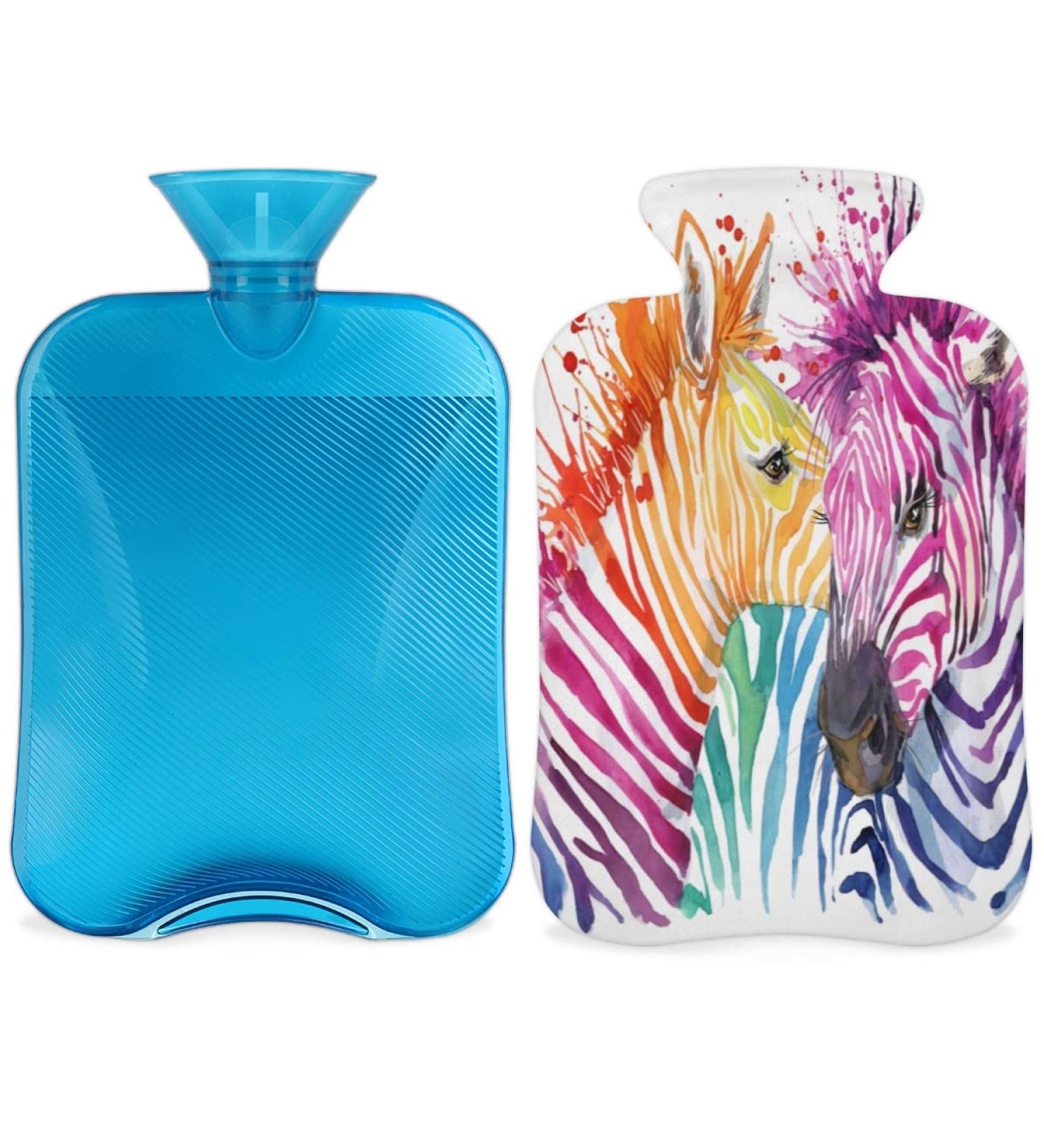 Zebra-Striped Hot Water Bottle with Fluffy Cover - 2L Capacity for Cozy Nights | Pain Relief for Adults & Kids | Rainbow Zebra Design - Buy Online on GoSupps.com