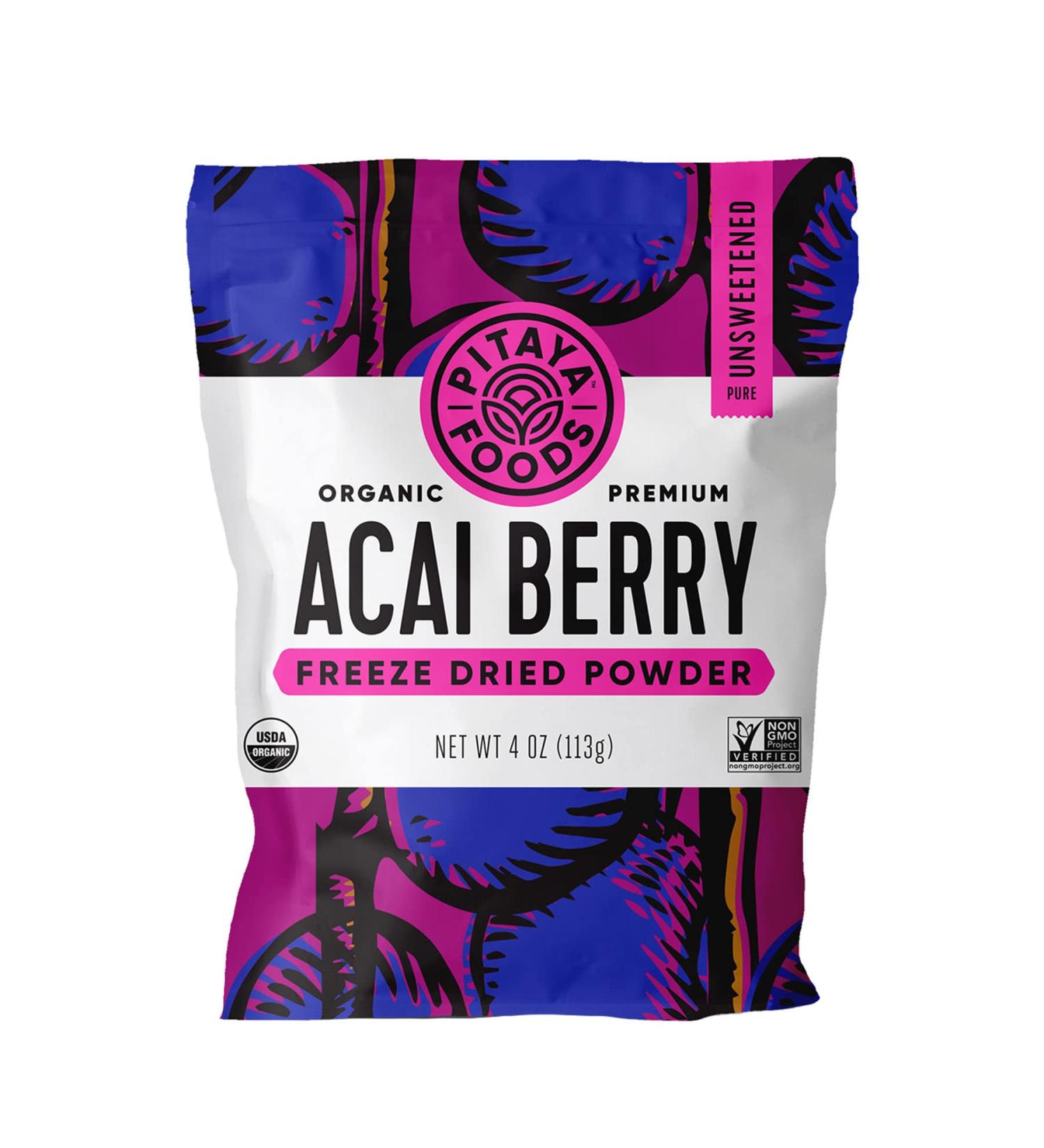 Organic Freeze Dried Acai Berry Powder - USDA Certified, Gluten Free, Dairy Free, Vegan, Kosher (4 oz) - Pitaya Foods - Buy Online on GoSupps.com