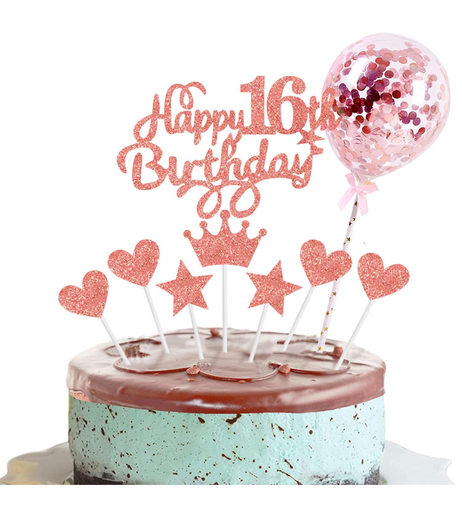 Happy 16th Birthday Cake Toppers Rose Gold Personalised for Kids Girl 2 Star 4 Heart 1 Crown with Balloon Customised 16th Birthday Cake Toppers Decor for Bithday Party Happy Birthday Sign for Cake Rose Gold-16th - Buy Online on GoSupps.com
