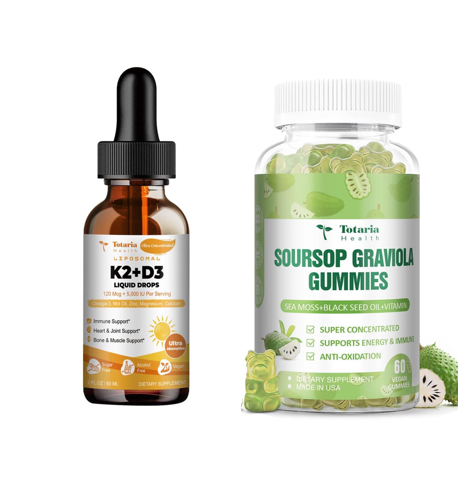Liposomal Liquid Vitamin D3 K2 Supplement + Sugar Free Soursop Oil Graviola Sea Moss Gummies - Buy Online on GoSupps.com