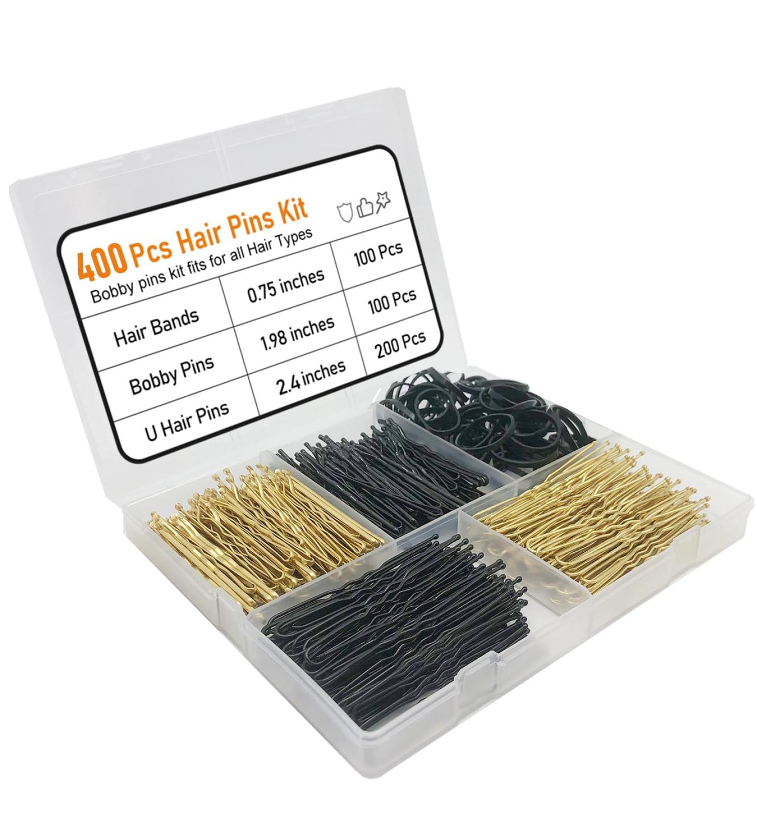 400 Pcs Hair Pins Kit for Girls and Women - 100 Bobby Pins, 100 U Hair Pins, 200 Black Rubber Hair Bands - Ideal for All Hair Types (Black/Gold) - Buy Online on GoSupps.com