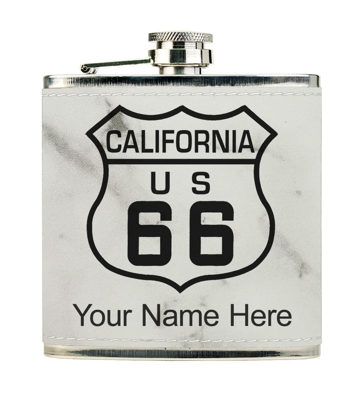 Personalized Faux Leather Flask with Route 66 California Design and Engraving - White Marble - Buy Online on GoSupps.com