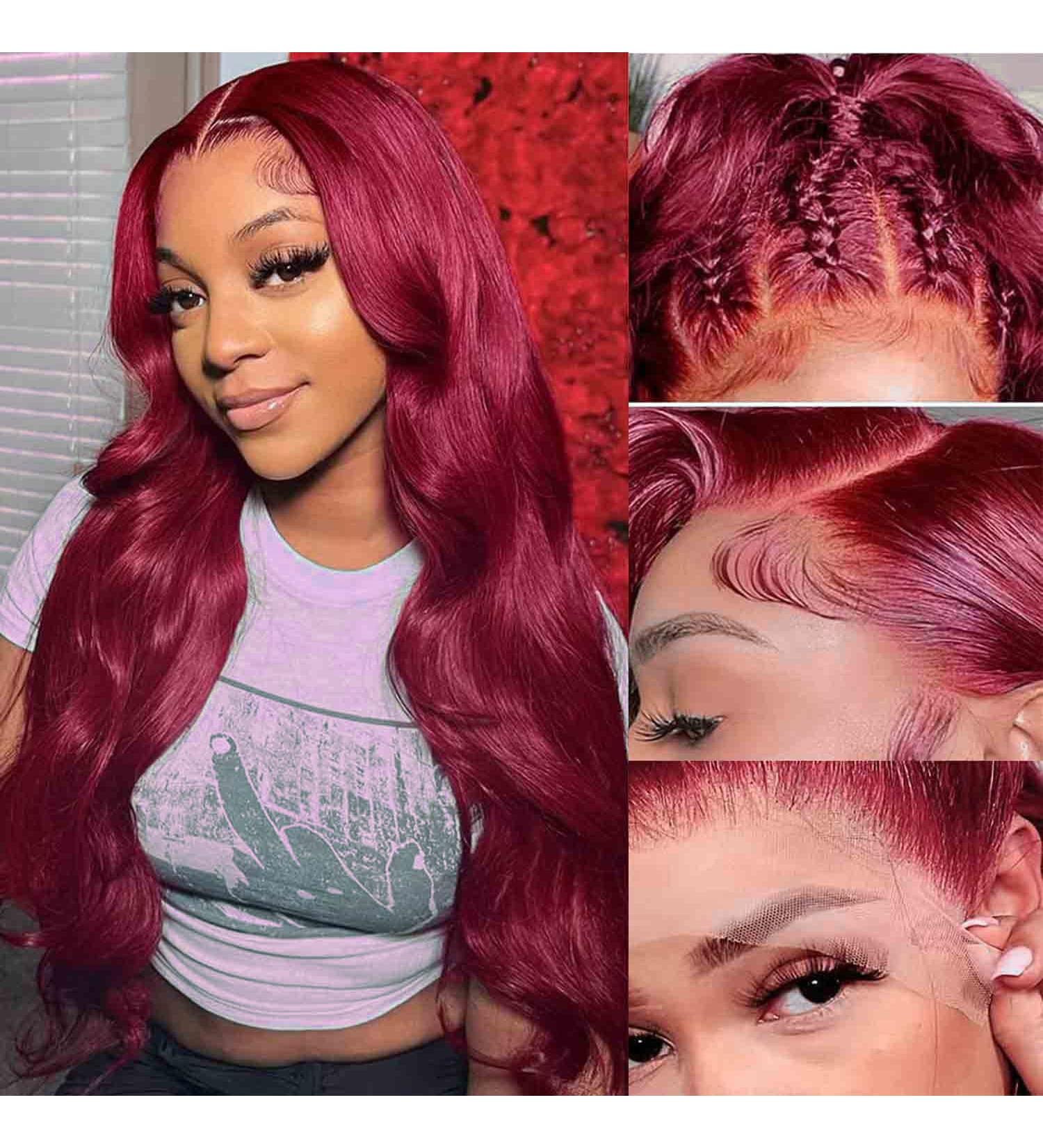 22 Inch 99j Burgundy Lace Front Wig Human Hair 180% Density | HD Transparent Body Wave Pre Plucked Wig for Black Women - Buy Online on GoSupps.com