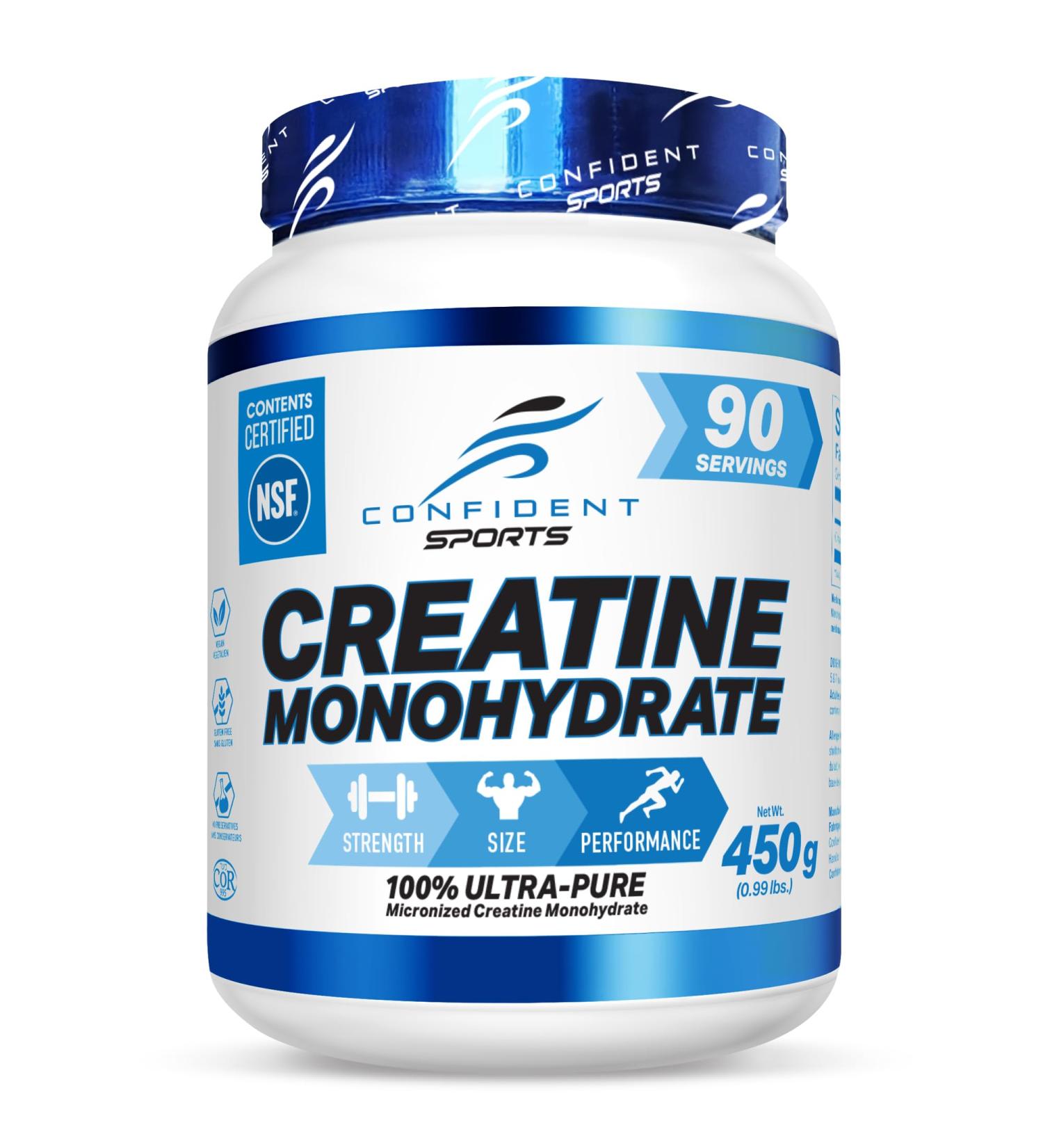 Creatine Monohydrate Powder 450g NSF Certified For Increased Muscle Growth & Performance - Pre-workout Muscle Builder - Supports Athletic Performance - Creatine Powder for Workouts - 90 Servings by CONFIDENT SPORTS 90 Servings (Pack of 1) - Buy Online on GoSupps.com