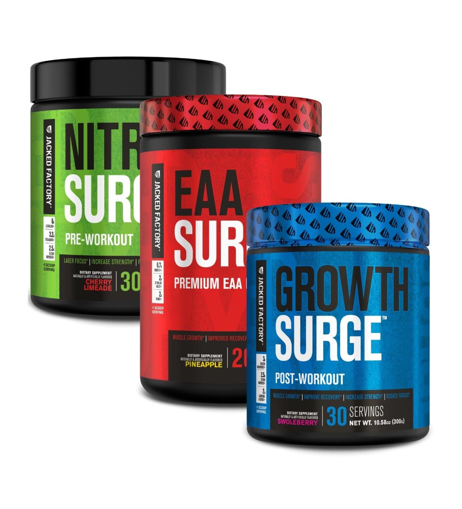 Jacked Factory Nitrosurge Pre Workout EAA Surge Essential Amino Acids Growth Surge Post Workout Muscle Builder Bundle - Buy Online on GoSupps.com