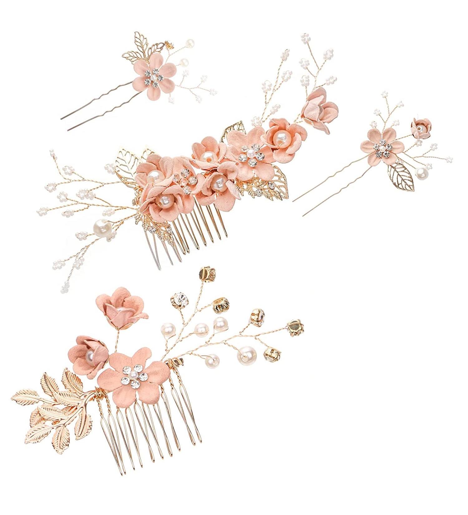 Kleemeiero 4 PC Hair Jewelry Set - Wedding Hair Crown Pink Bridal Flowers & Pearl Hairpins for Brides & Girls - Buy Online on GoSupps.com