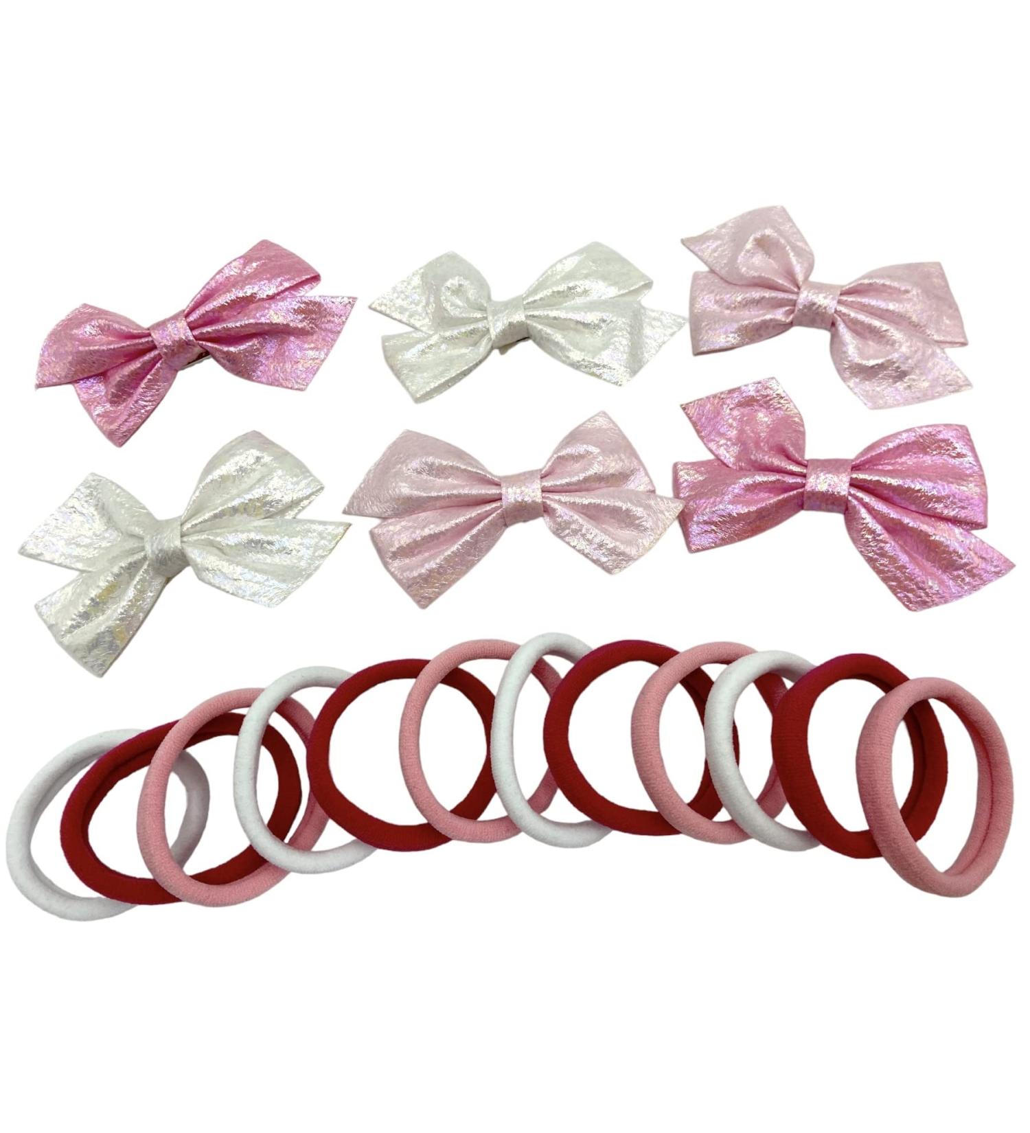 18 Piece Girls Hair Bow Clips Ponios Set Soft Endless Hair Accessories Girls Fashion Accessory (Shiny Effect)
