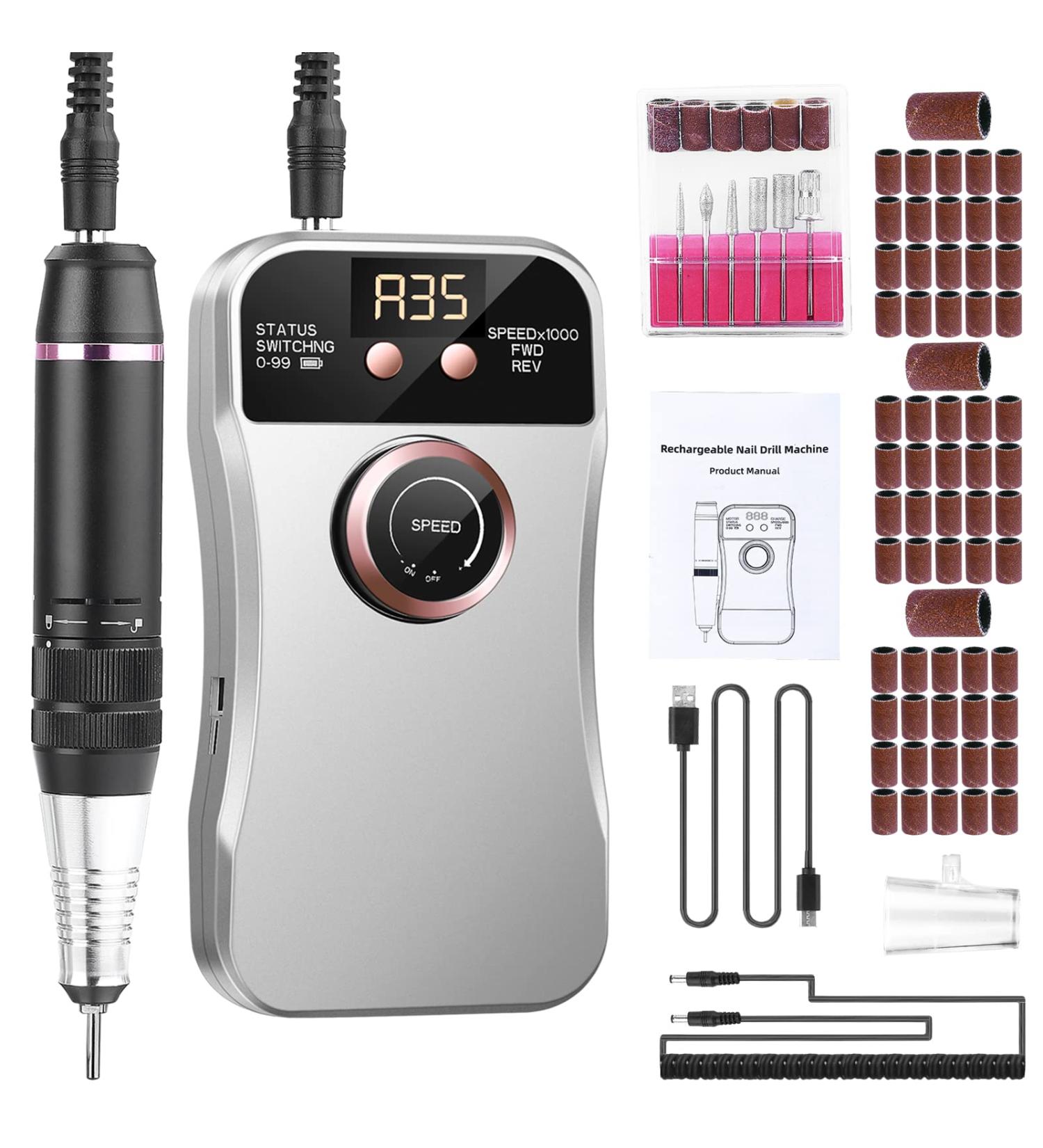 35000RPM Electric Nail Drill Machine for Acrylic Nails - Portable Kit for Gel Polish Removal - DIY Manicure Pedicure - Gray - Buy Online on GoSupps.com