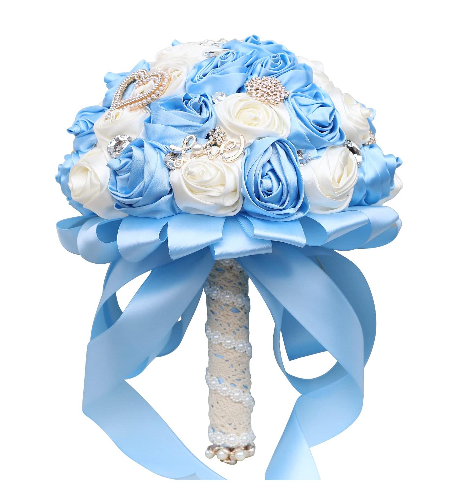 WIFELAI Silk Bridal Bouquet with Big Rhinestones and Diamond Brooch - Baby Blue Ivory, W373B-21 - Buy Online on GoSupps.com