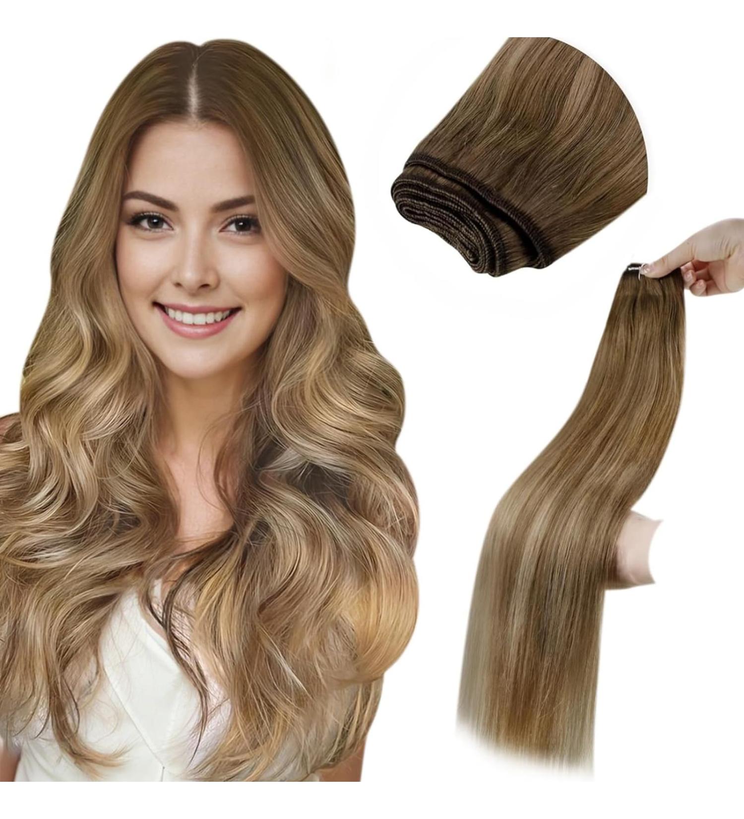 LAAVOO TREEN Balayage Brown Real Hair Extensions - 80g Light Brown & Blonde Tresses for Sewing - 35cm #8/16/8 - Buy Online on GoSupps.com