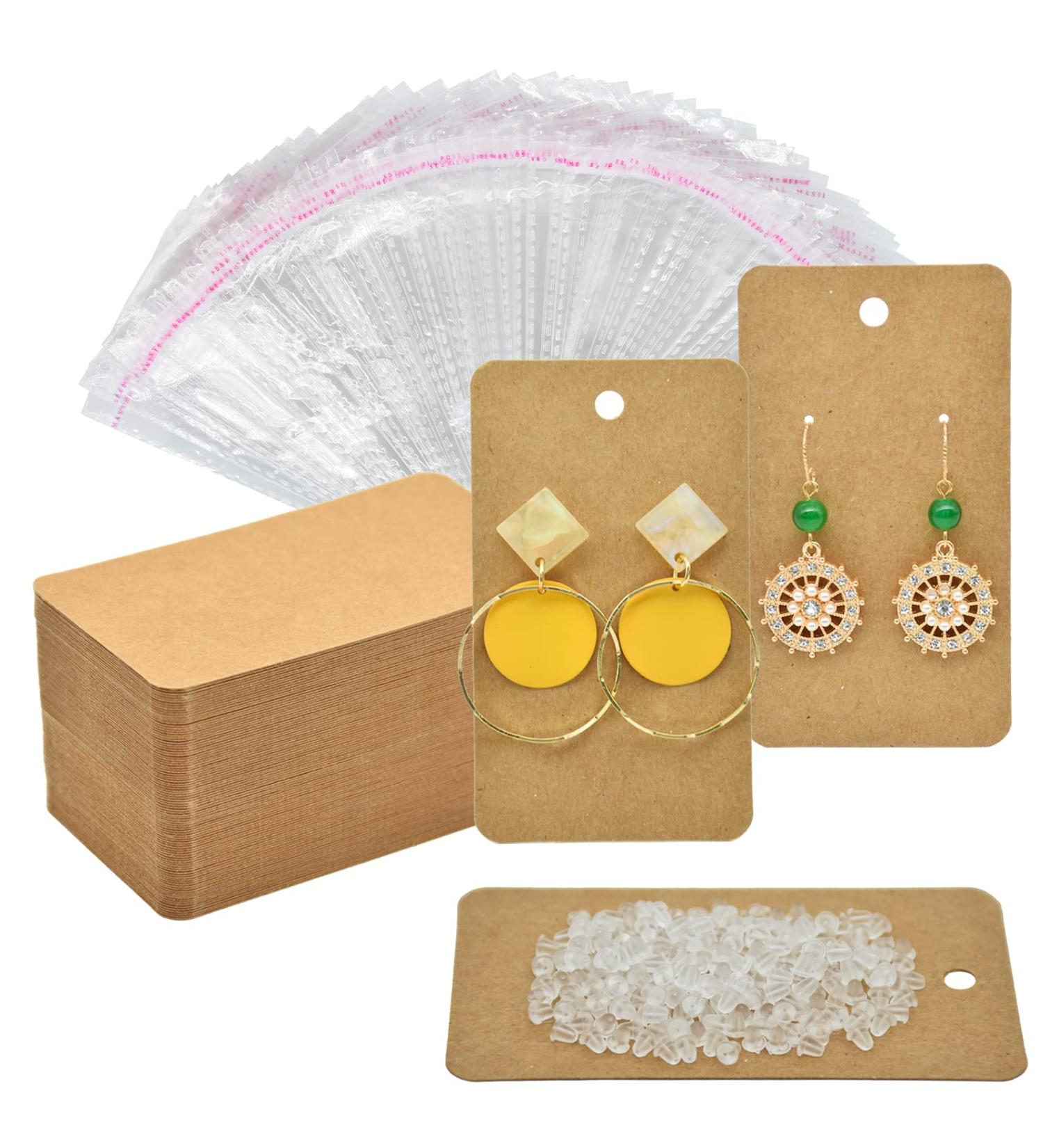 Twavang Earring Card Holder Set - 100 Kraft Paper Display Cards, 100 Clear Earring Backs, 100 Self Adhesive Bags - Brown 3.5 x 2 - Ideal for Jewelry Display - Buy Online on GoSupps.com