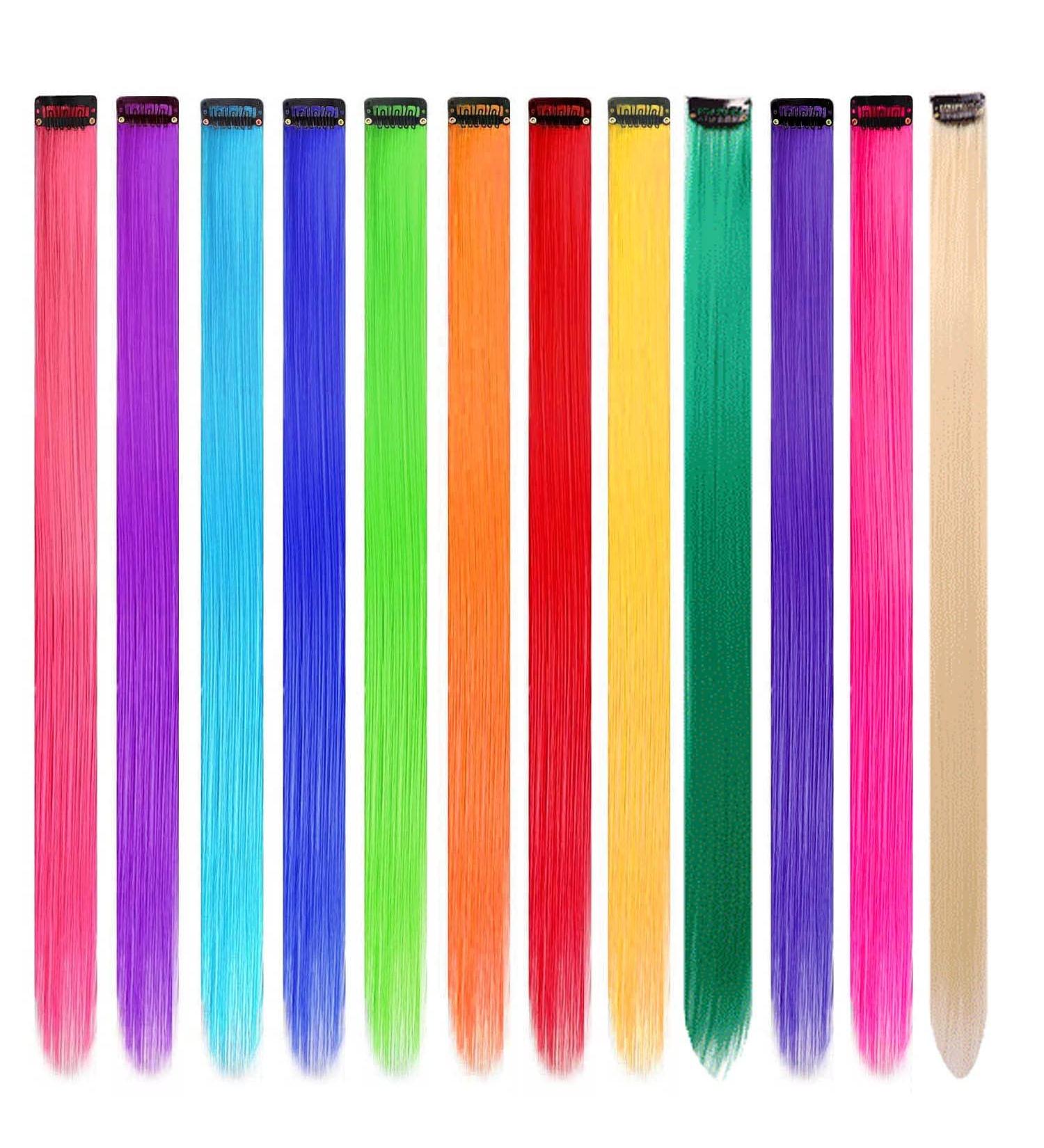 12 Pcs Rainbow Colored Clip-in Hair Extensions - 21 inch Synthetic Straight Hair for Kids, Girls, Women - Buy Online on GoSupps.com