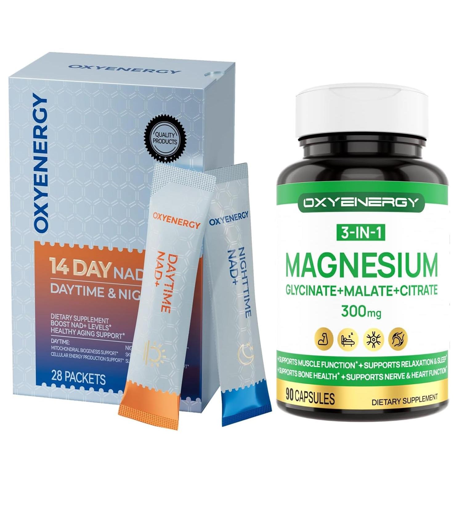 OxyEnergy NAD Supplement Anti-Aging & Cellular Renewal 28 Packets & Triple Magnesium Complex Magnesium Glycinate 300mg 90 Capsules - Buy Online on GoSupps.com