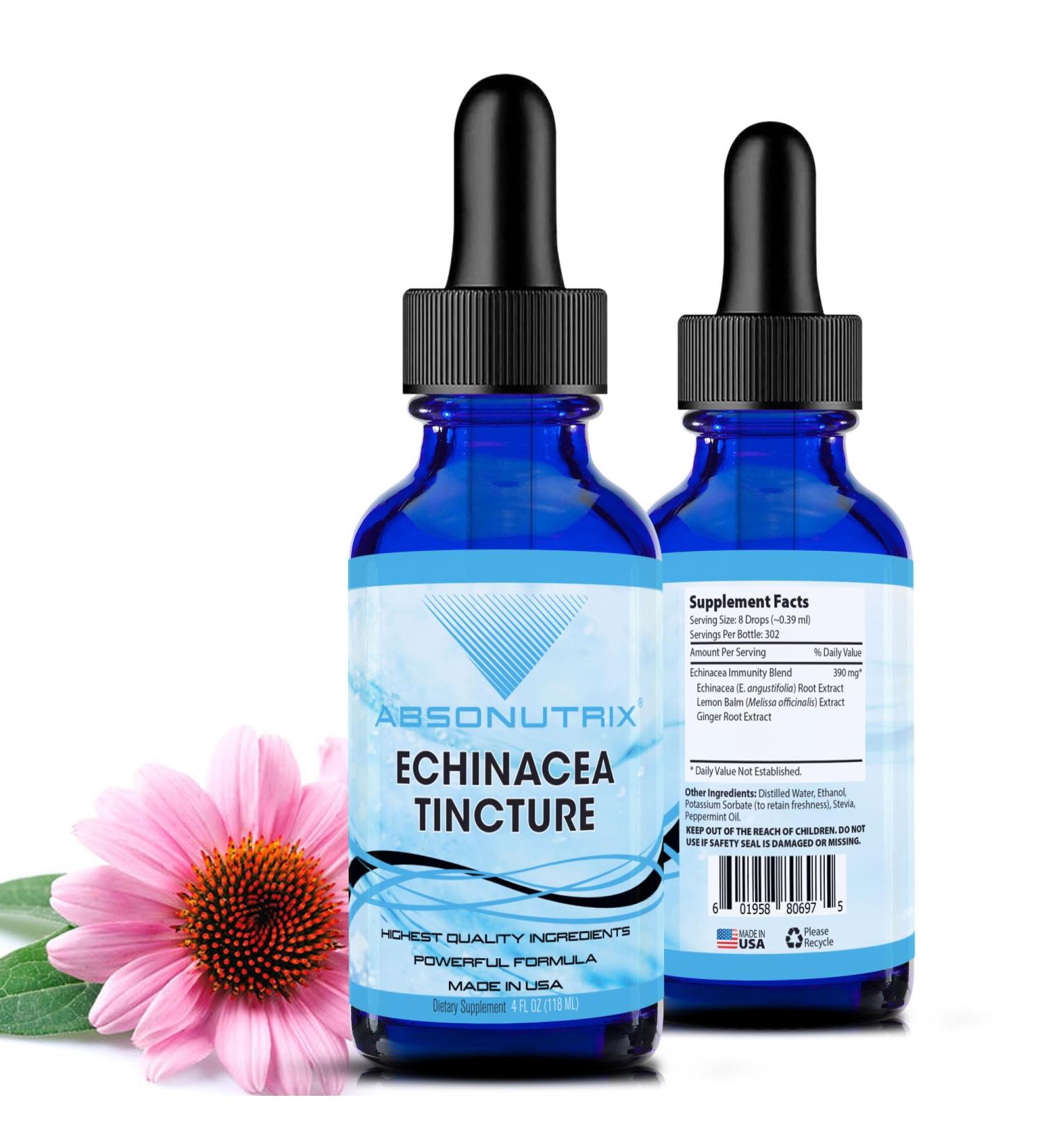 Absonutrix Echinacea Tincture Advanced Formula 390 mg 4 Oz Liquid 302 Servings Made in USA Quick Absorption Quality Potent Ingredients Non-GMO GMP Certified Facility Cruelty-Free Products - Buy Online on GoSupps.com