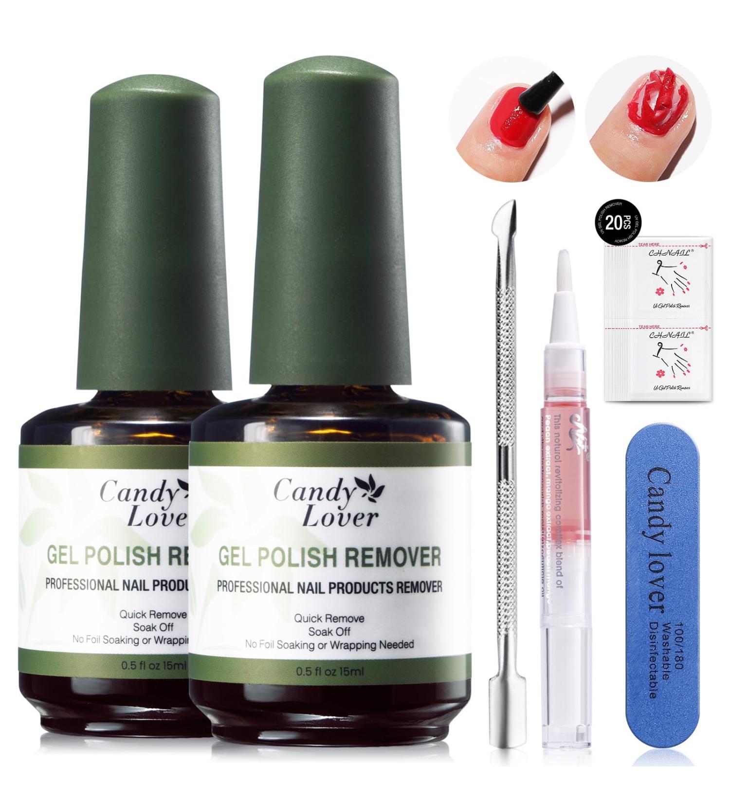 Candy Lover Gel Nail Polish Remover Kit - 2 Pack Professional Gel Polish Remover for Nails with Cuticle Pusher & Cuticle Oil and Nail File Gel Remover for Nails in 3-5 Minutes Doesn't Hurt Nails 2pcs Gel Nail Polish Remover - Buy Online on GoSupps.com