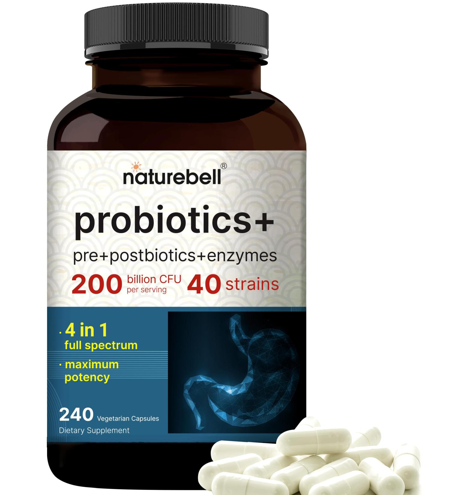 Probiotic 200 Billion CFU 40 Strains Per Serving | 240 Veggie Capsules with Prebiotics and Probiotics for Digestive Health Gut Health & Bloating Support | Daily Probiotics for Women & Men - Buy Online on GoSupps.com