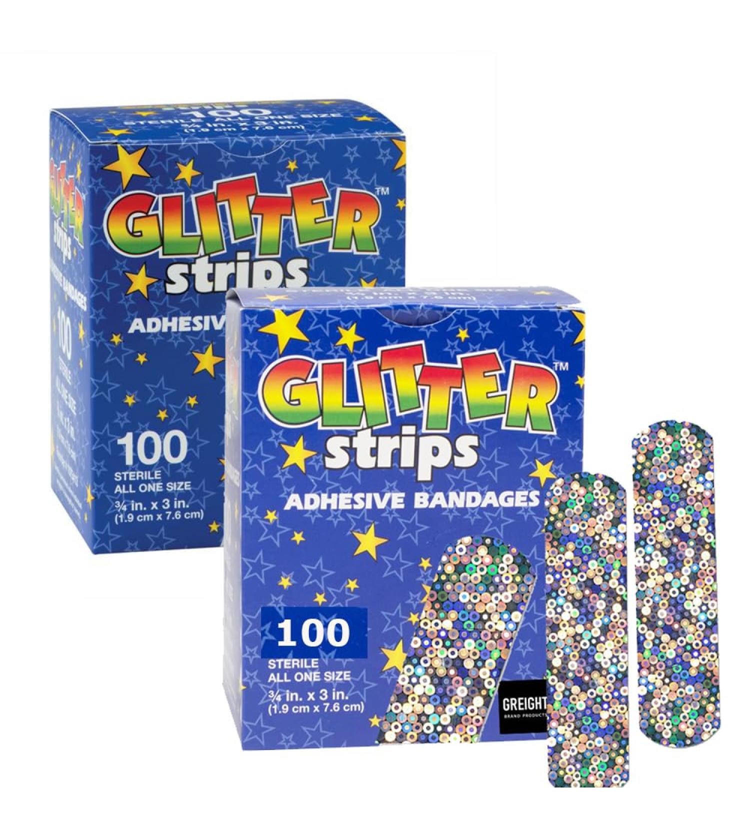 Glitter Strips Bandages for Kids - 200 Count Latex-Free Adhesive Bandages for Wound Care & First Aid - Fun & Colorful 3/4 x 3" Design - Buy Online on GoSupps.com