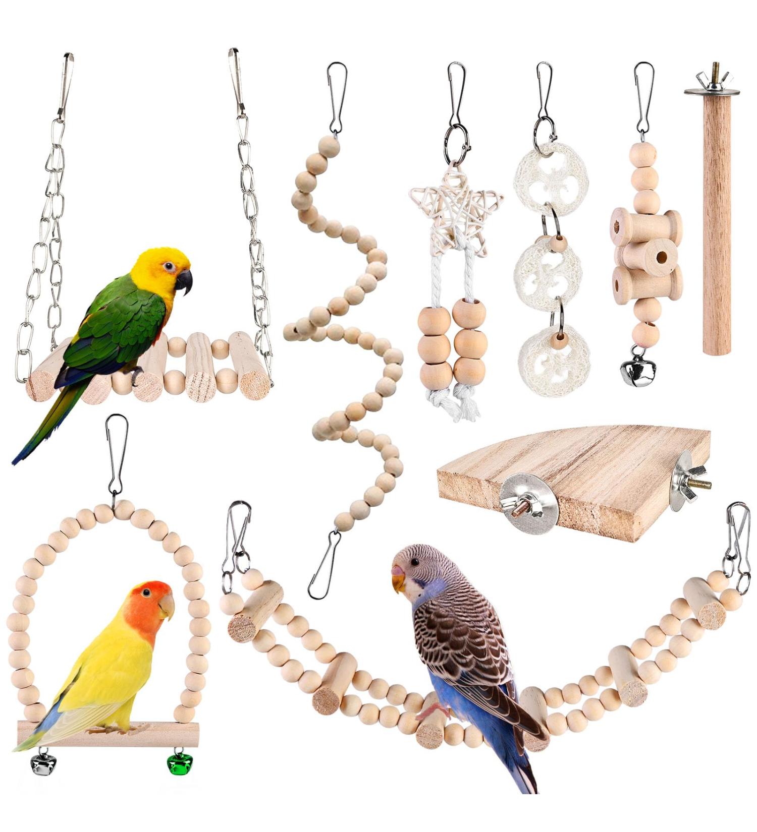 9-Piece Bird Toys Set | Parrot & Budgie Accessories | Cage Rocking Toys & Wooden Platforms for Finches & Lovebirds - Buy Online on GoSupps.com