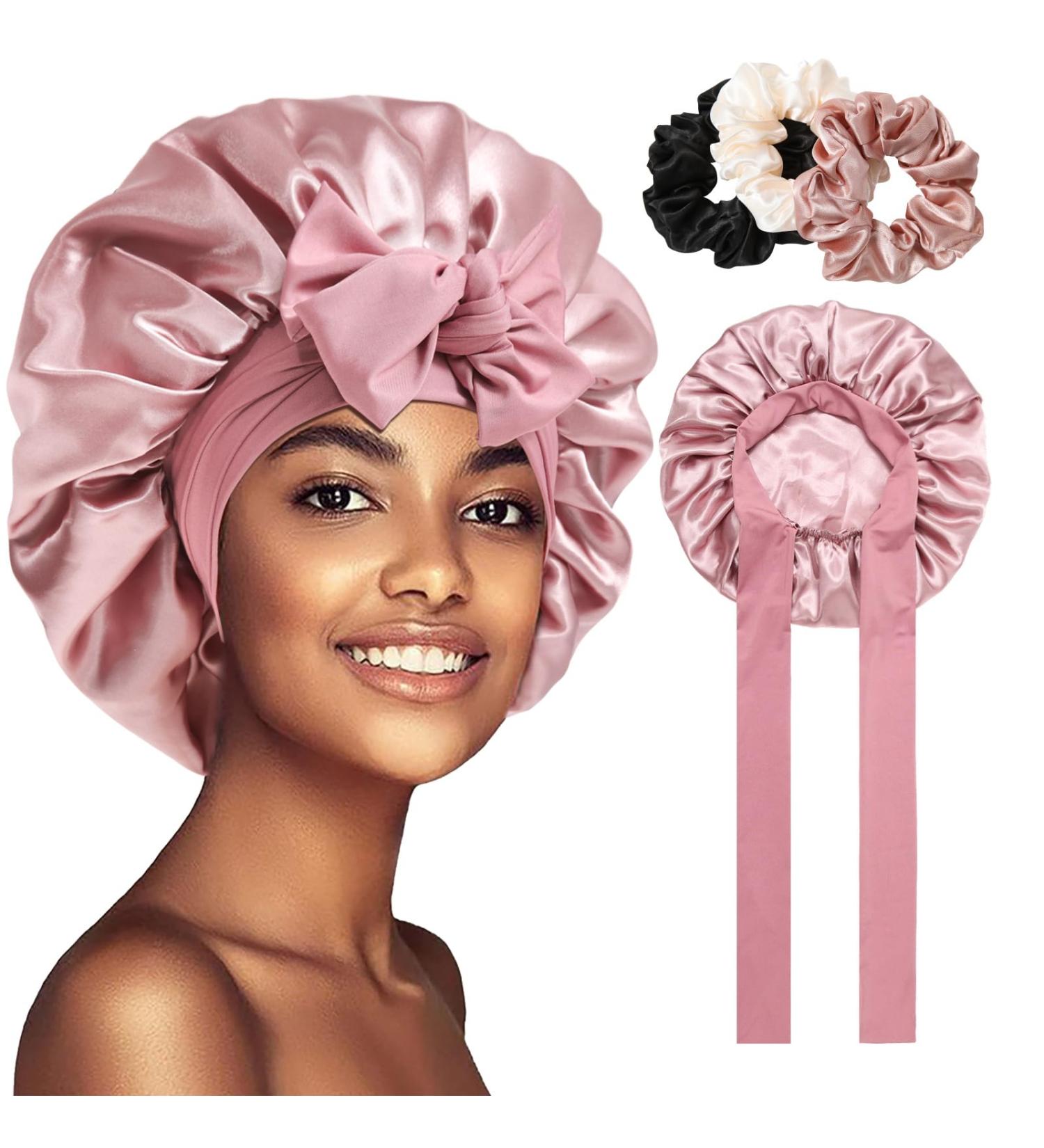Welrog Silk Sleeping Hood for Women Night Hair Bonnet & Cap Pink with 3 Hair Ties Best for Hair Care & Sleep - Buy Online on GoSupps.com