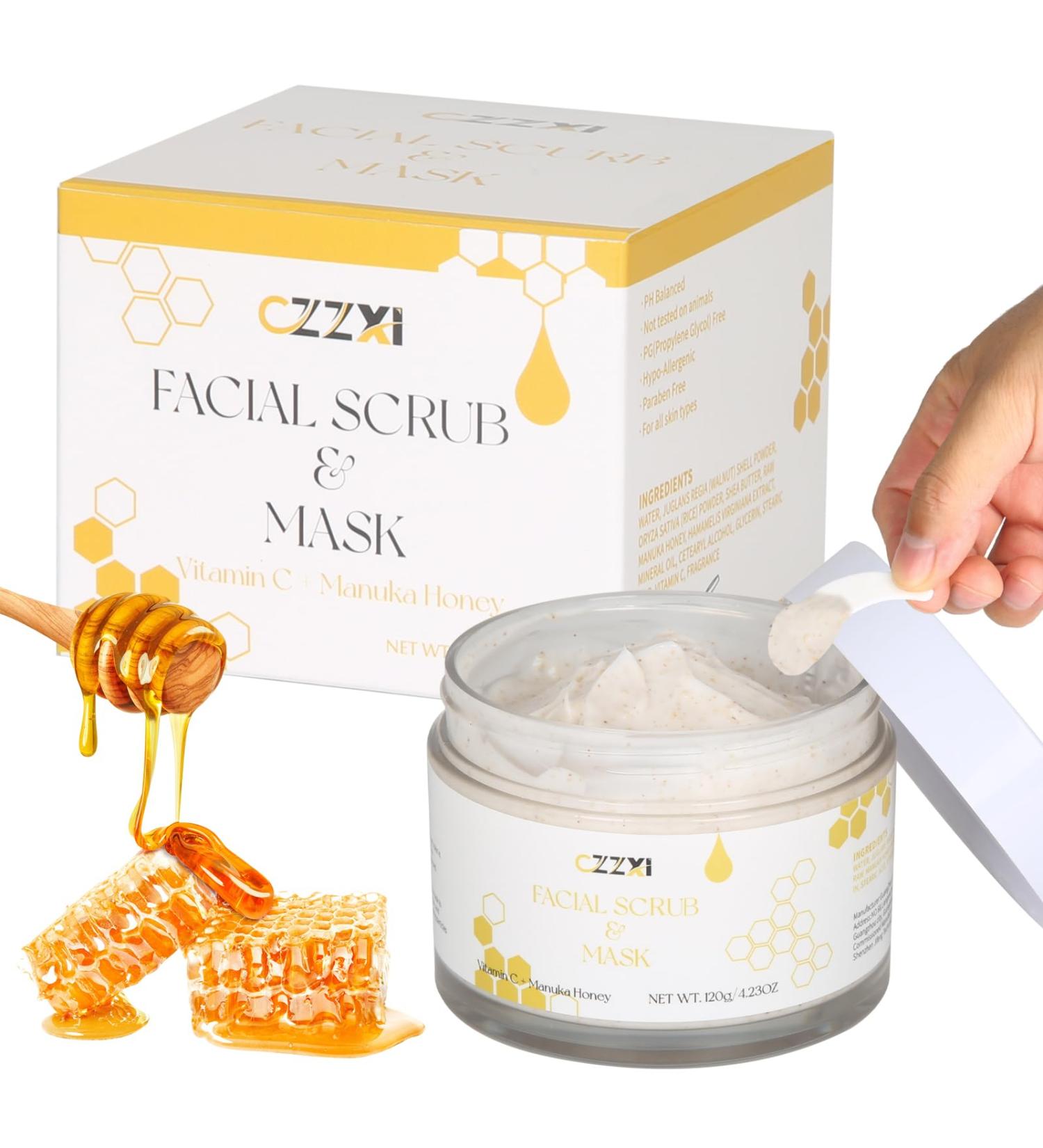 Face Scrub & Exfoliator with Manuka Honey Vitamin C & Niacinamide - Gentle Effective Skin Care for Dry Skin Acne & Blackheads - 4.23oz - International Shipping Available - Buy Online on GoSupps.com