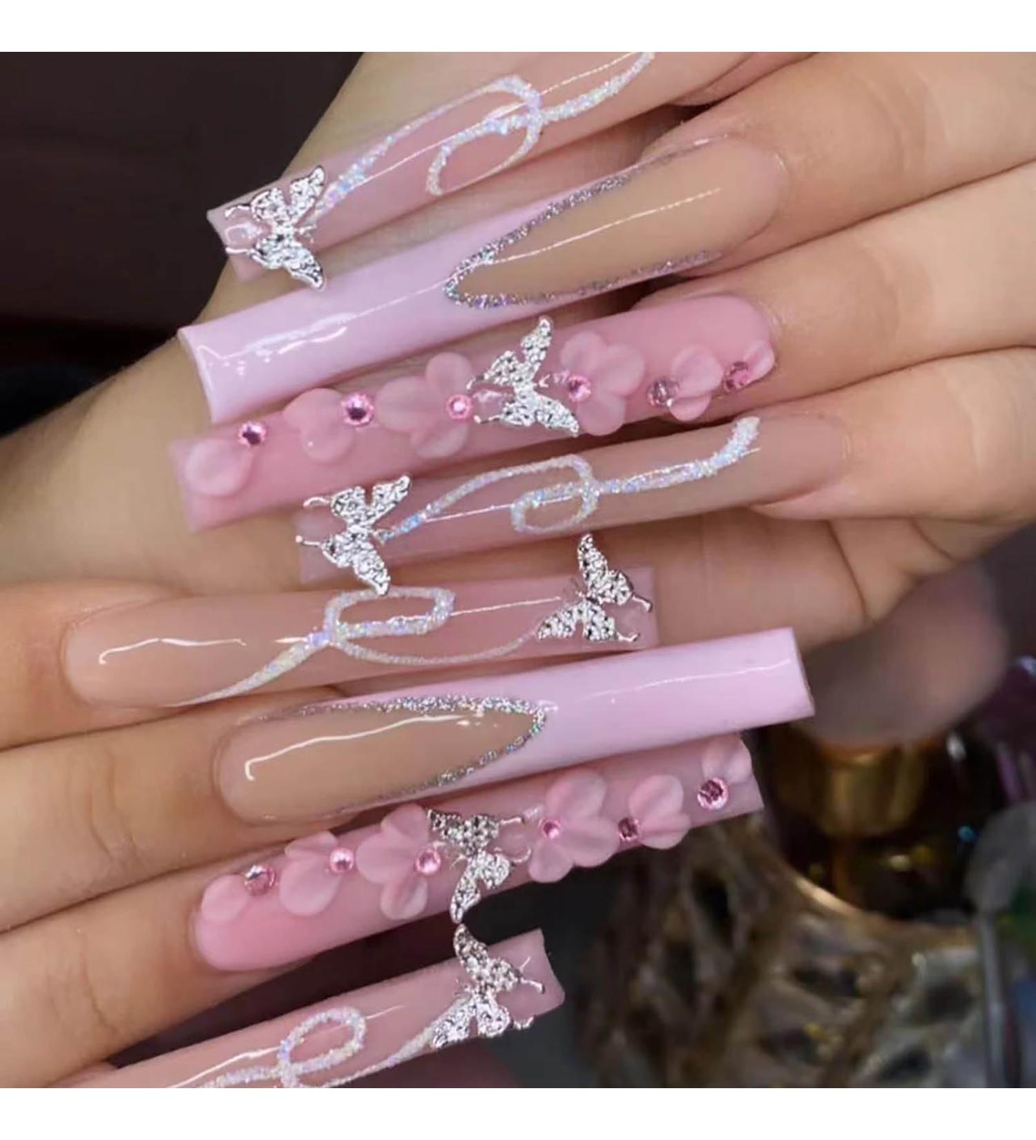 Long Pink XXL Press-On Nails | Square Fake Nails with 3D Butterfly & Flower Designs | Full Cover | 24pcs Light Pink & Nude | Perfect for Women & Girls - Buy Online on GoSupps.com