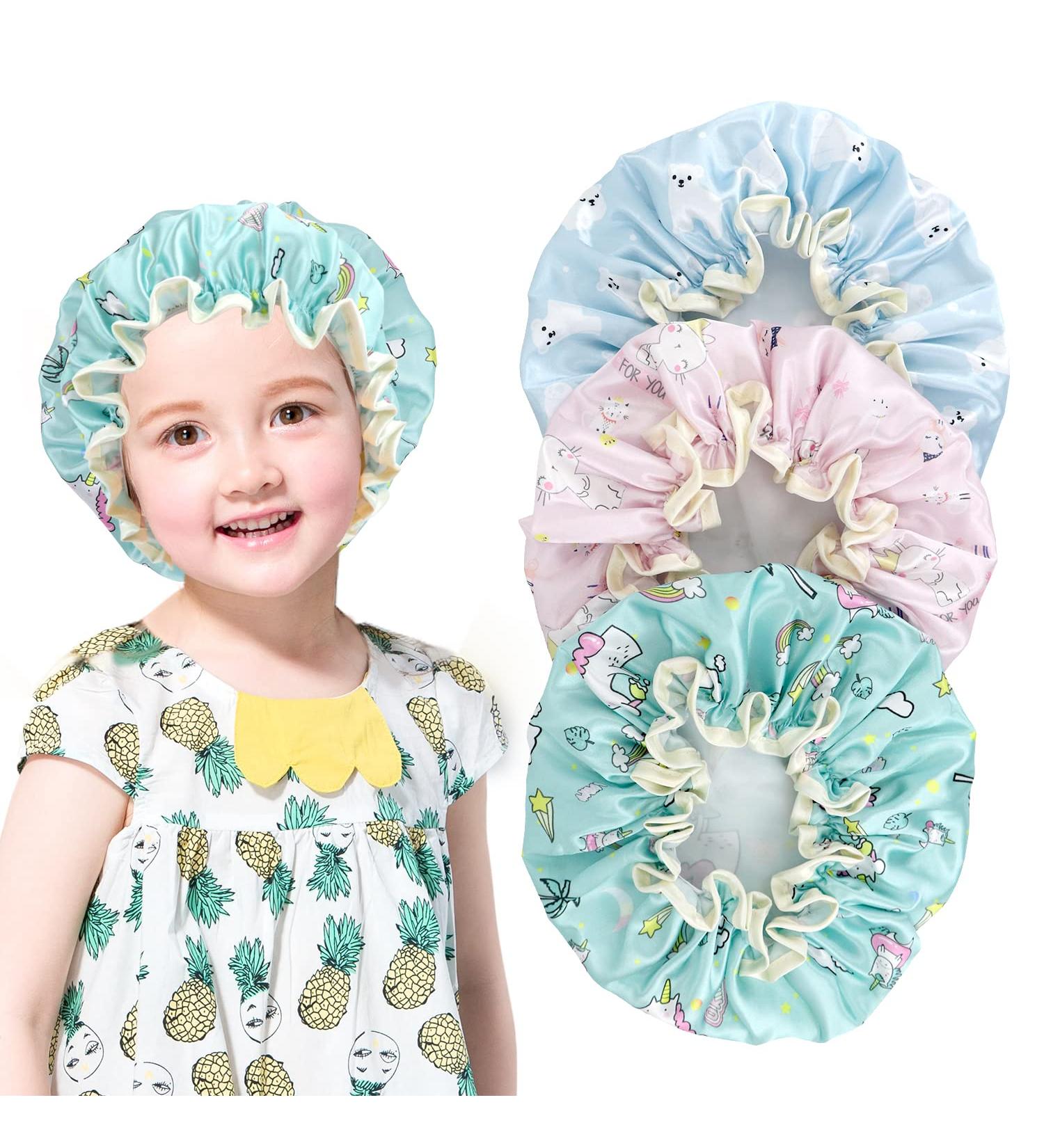 FAISOTY 3Pcs Kids Shower Cap - Cute Double Layer Waterproof Hair Cap for Girls | Mothers Day Gift | Large Size for All Haircuts - Buy Online on GoSupps.com