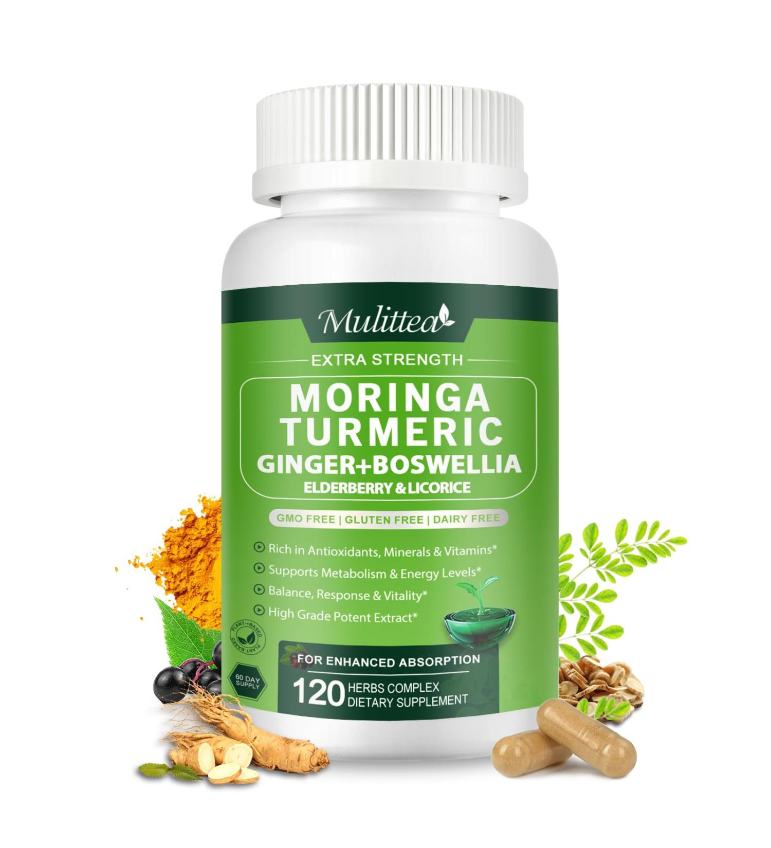 Moringa Capsules Organic 1000mg 7-in-1 Superfood with Turmeric Ginger Elderberry Licorice & Boswellia - Support Immune Skin Gut & Antioxidant-Non-GMO GMP 120 Vegan Capsules 2 Months Supply 120 Count (Pack of 1) - Buy Online on GoSupps.com