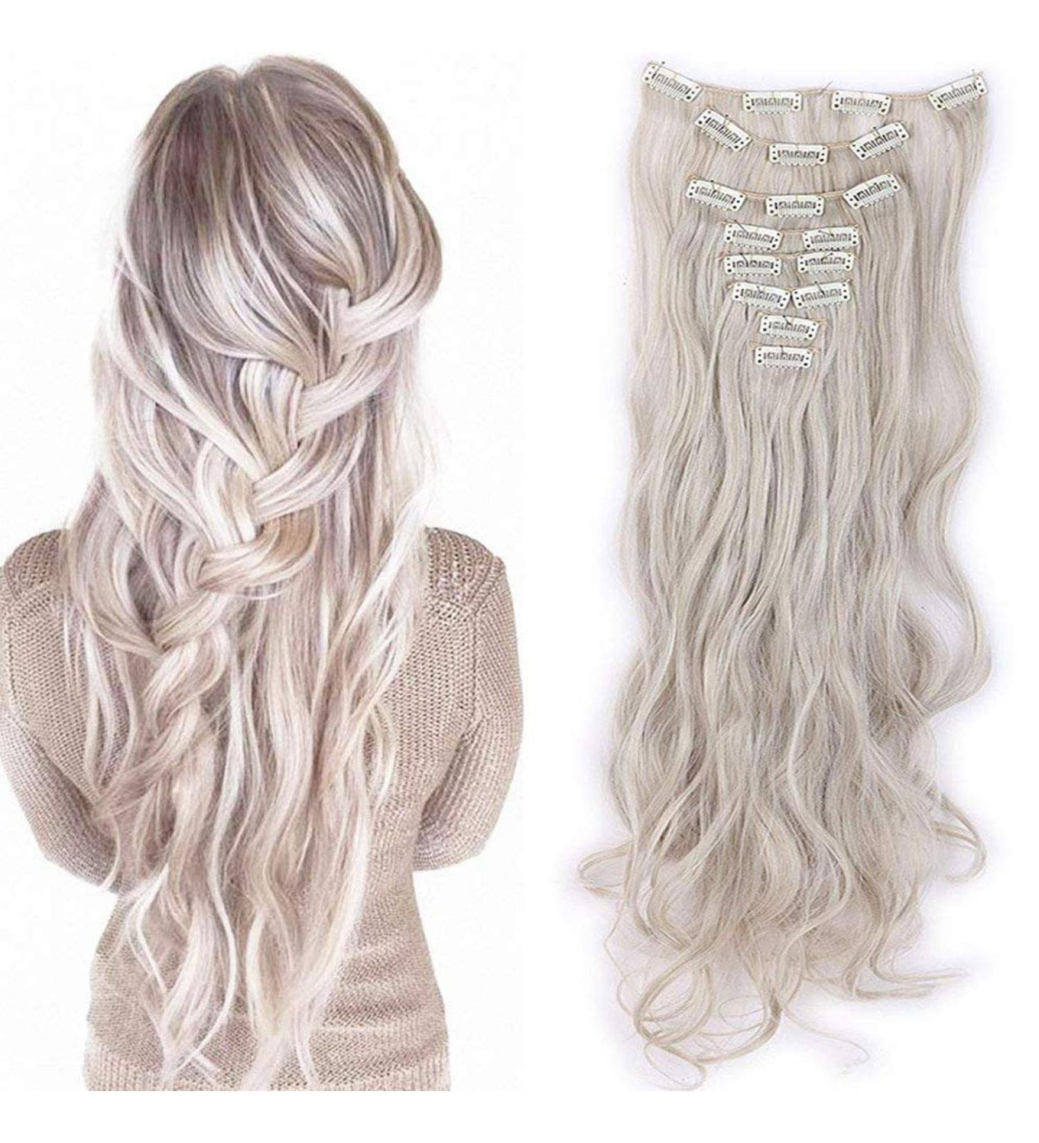 S-noilite 24 Inch Curly Ash Blonde Mix Silver Gray Clip In Hair Extensions - 8pcs Full Head Extension Set in 60 Colours - Sexy Lady Fashion Choice - 17-26 Inches Length - Buy Online on GoSupps.com